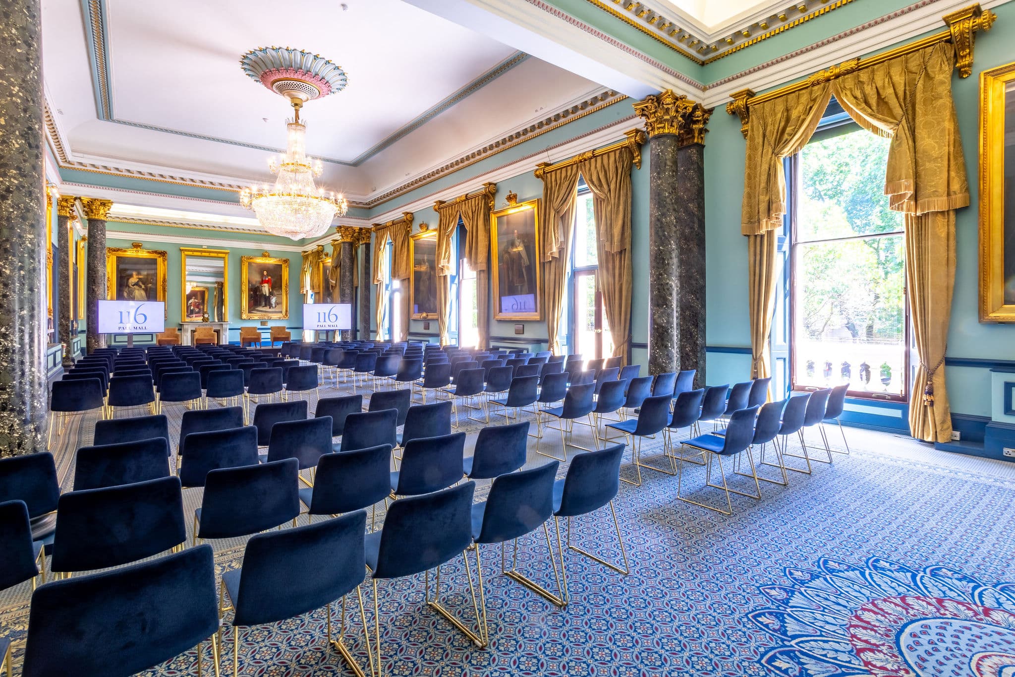 Nash Room ballroom at 116 Pall Mall, theater-style setup for elegant corporate events or keynotes.