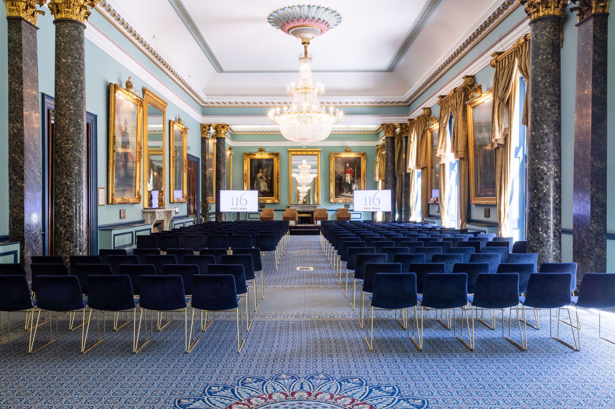 Nash Room at 116 Pall Mall: Historic theater-style conference venue with crystal chandelier.