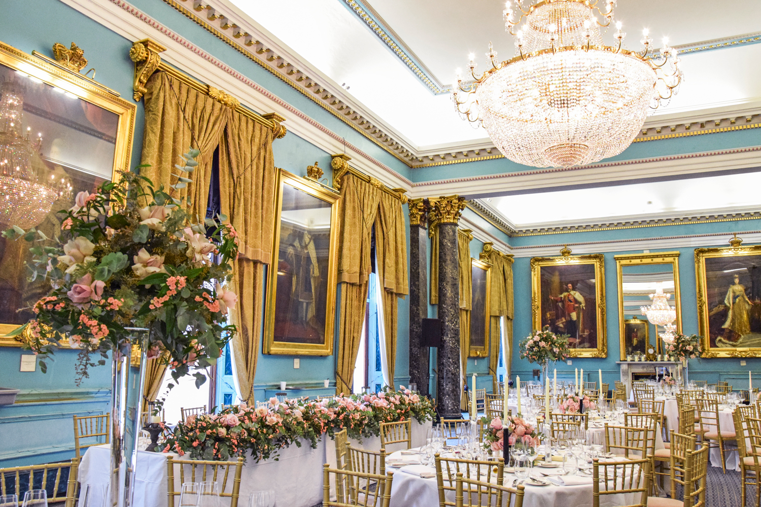 Elegant Nash Room at 116 Pall Mall, featuring a grand chandelier for weddings and gala dinners.