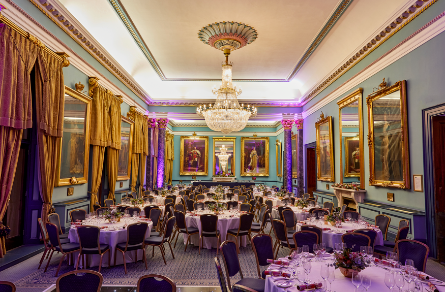 Elegant Nash Room banquet hall with chandeliers, perfect for weddings and corporate events.