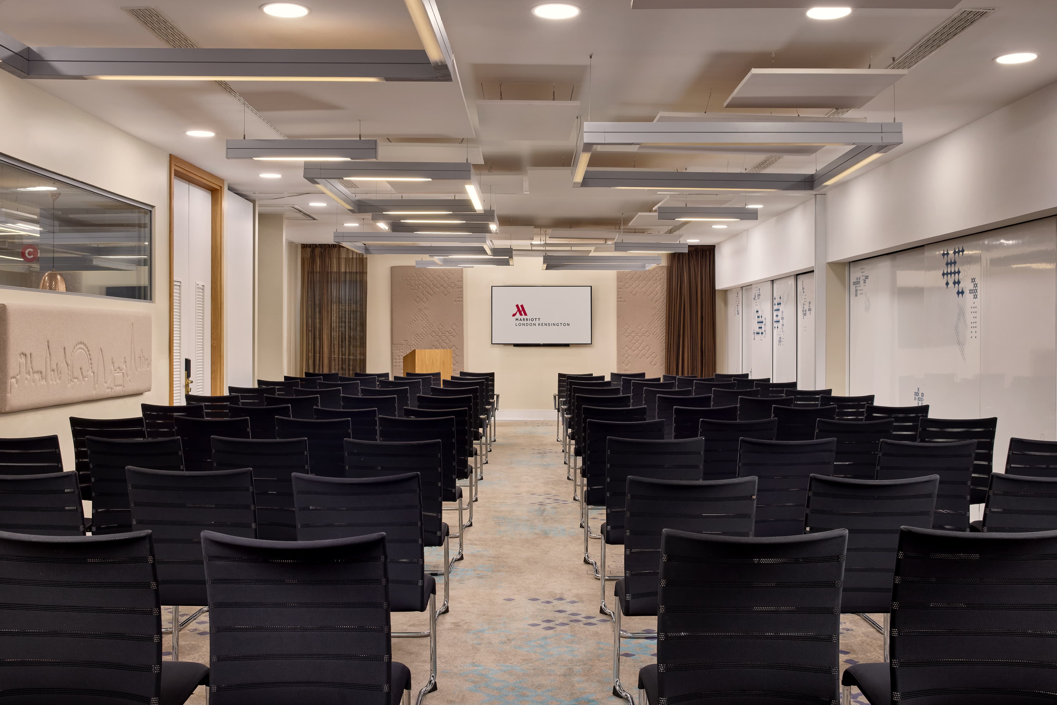 Theater-style meeting space at London Marriott Kensington for professional workshops and seminars.