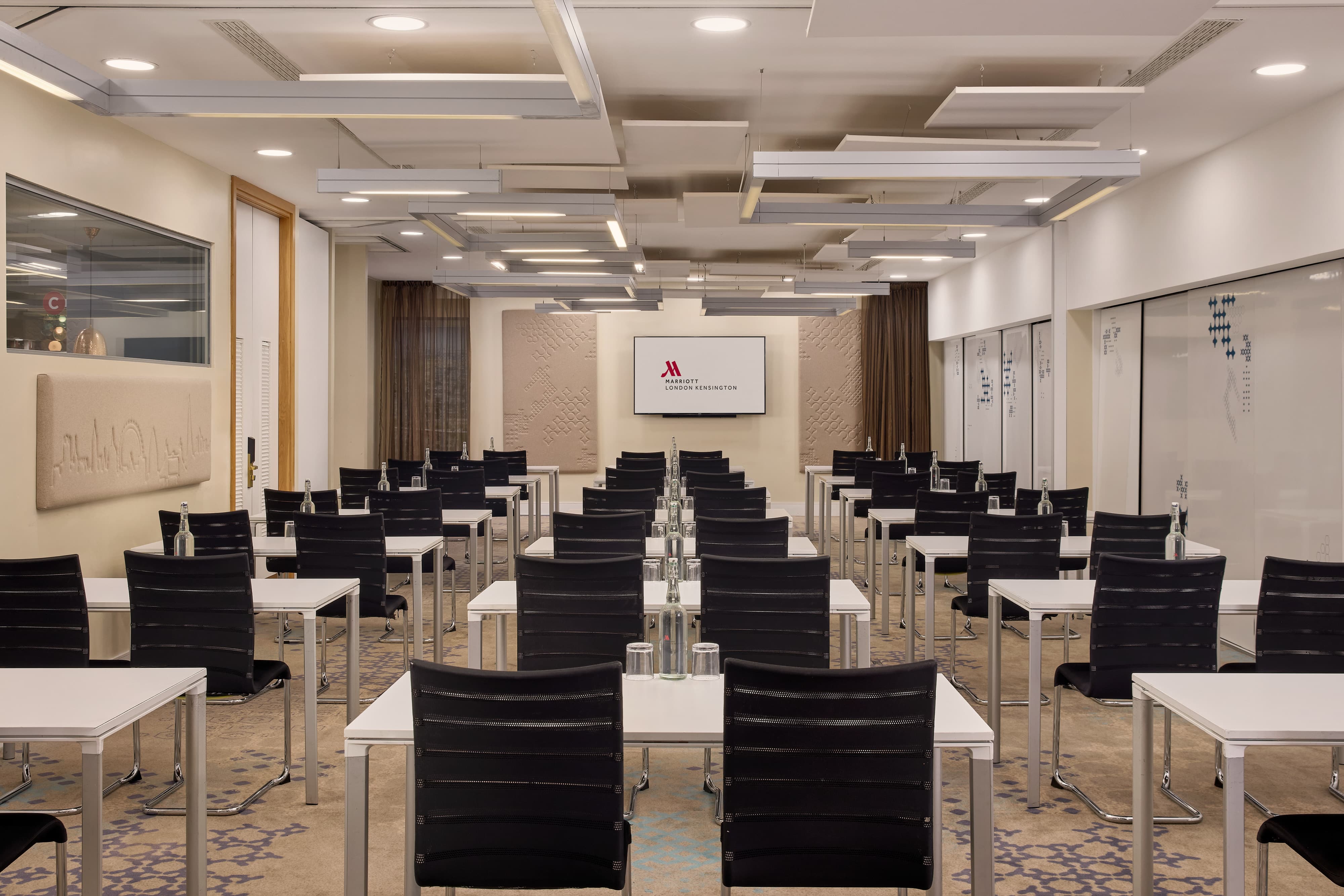 Classroom-style training room at London Marriott Kensington for corporate workshops and meetings.