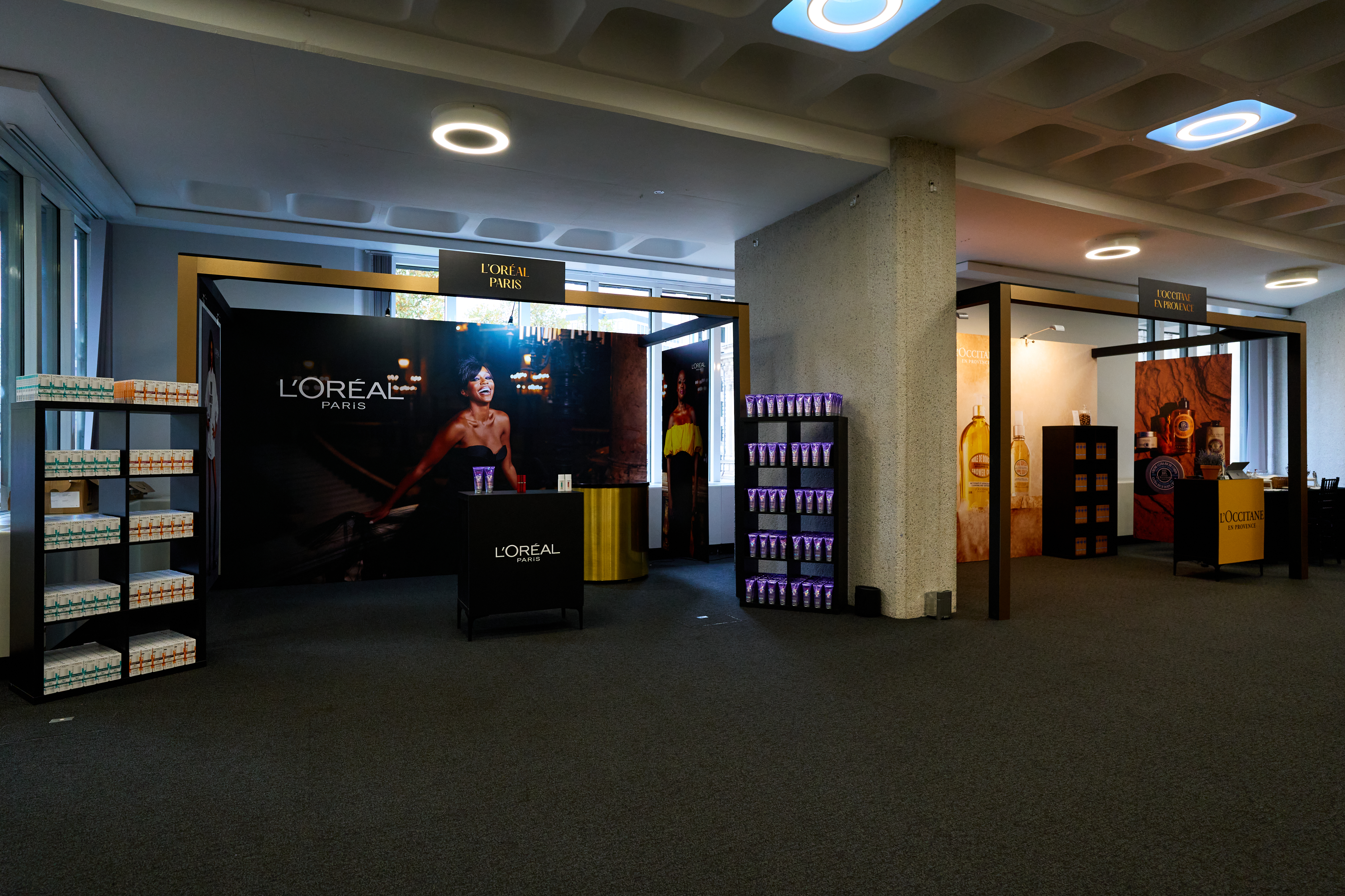 Churchill & Pickwick event space with L’Oréal booths for product launches and promotions.