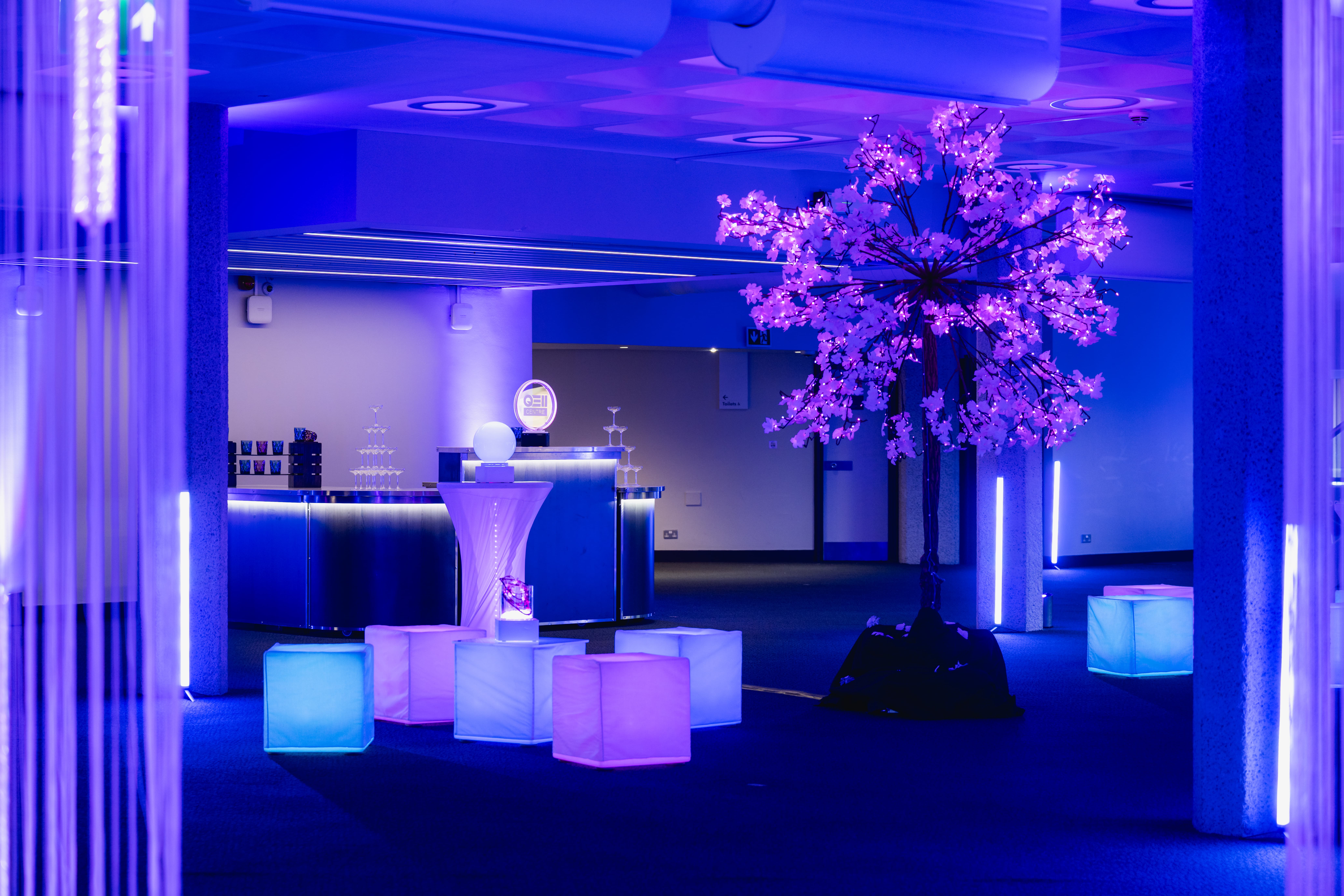 Evening reception at QEII Centre with LED cubes and illuminated cherry blossom centerpiece.