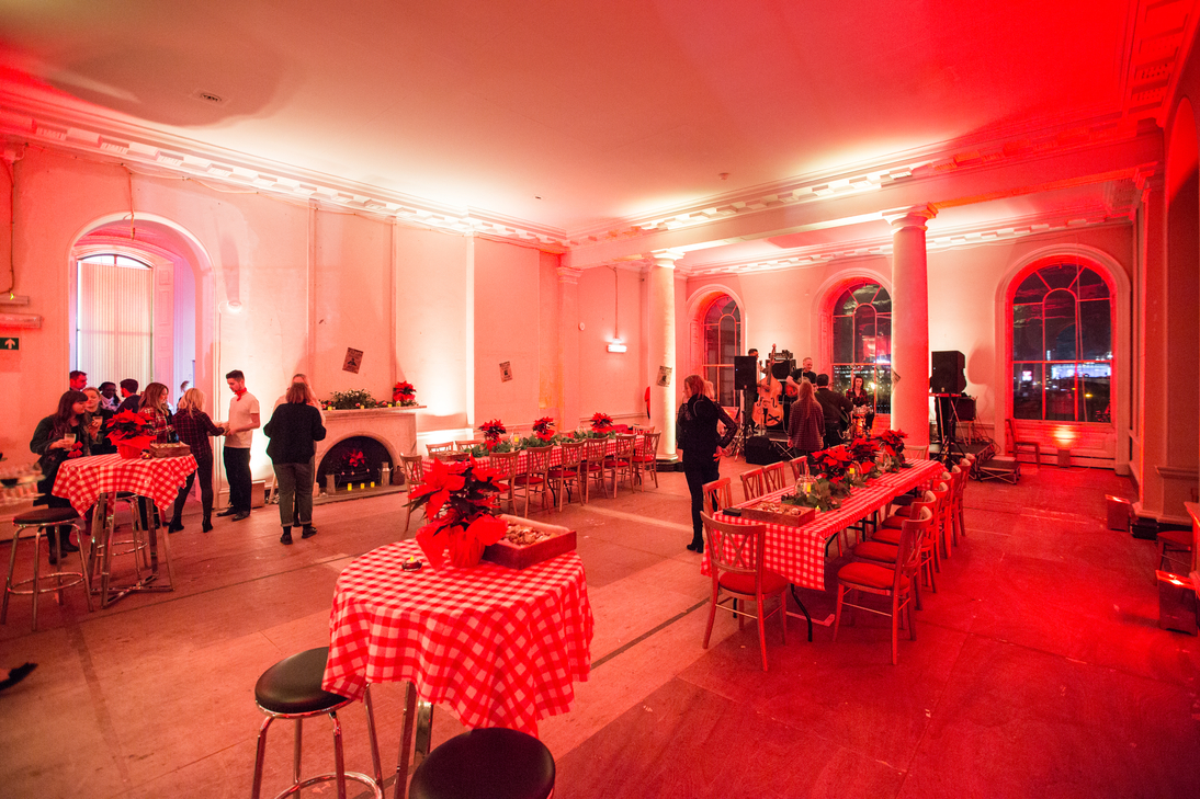 Stylish event space at The Lancaster Rooms with checkered tablecloths for gatherings.