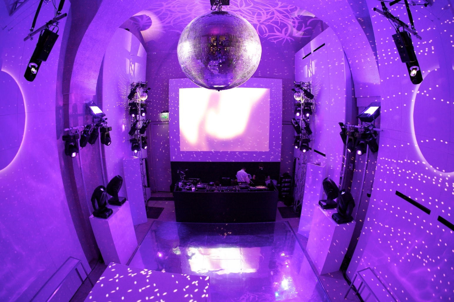 Vibrant Embankment Galleries with purple lighting for dynamic corporate events and celebrations.