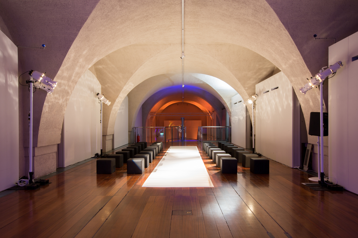 Sleek Embankment Galleries runway setup for fashion shows and corporate events.