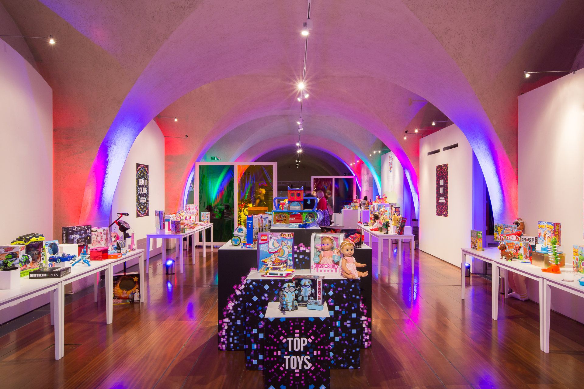 Vibrant toy showcase at The Embankment Galleries, Somerset House with colorful displays.