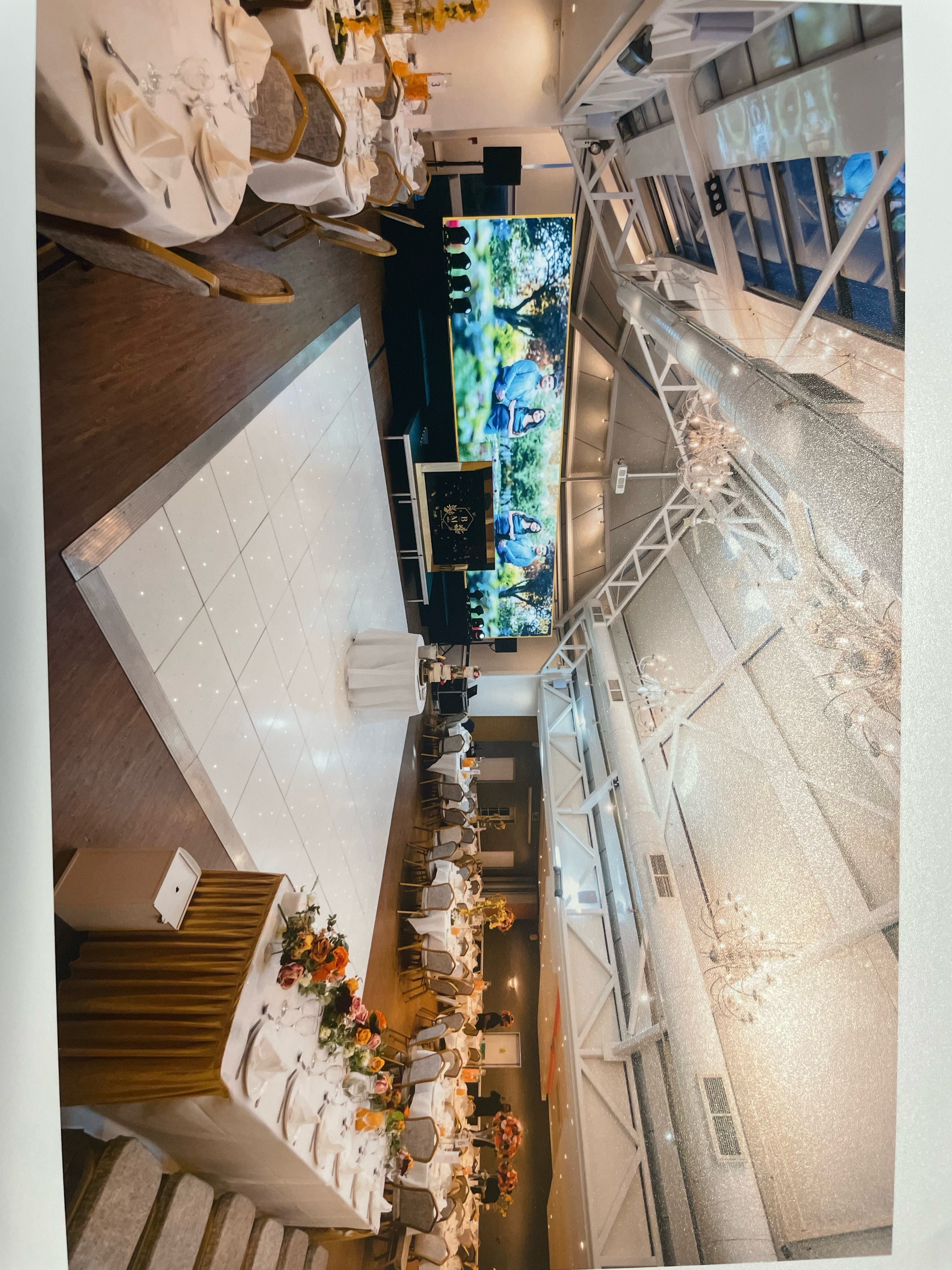 Manor Suite at Manor of Groves Hotel, elegant wedding venue with round tables and chandeliers.