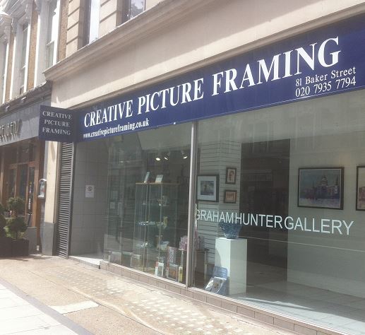 Picture framing storefront at Graham Hunter Gallery, ideal for event decor and partnerships.