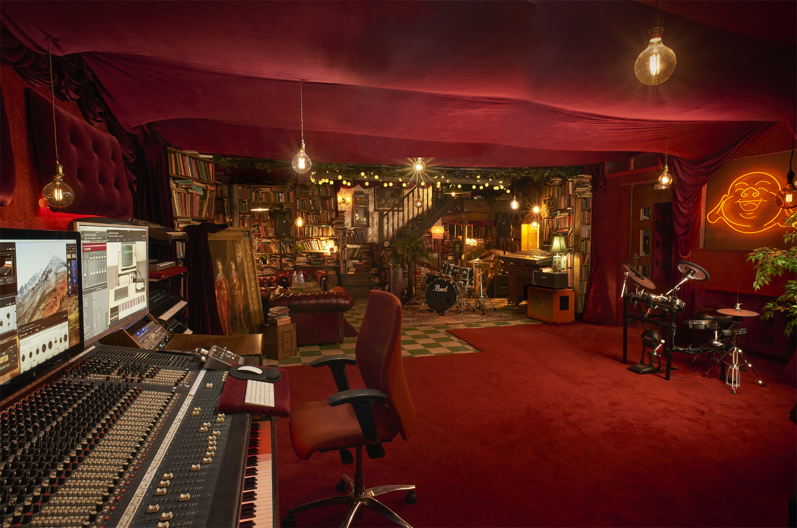 Cozy Fiction Studios with warm lighting, ideal for intimate gatherings and events.