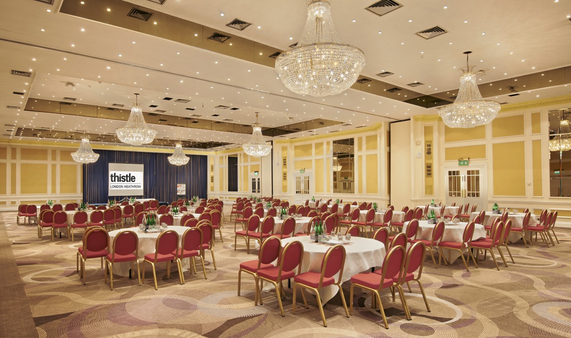 Aviation Suite banquet hall at Thistle London Heathrow, ideal for conferences and weddings.