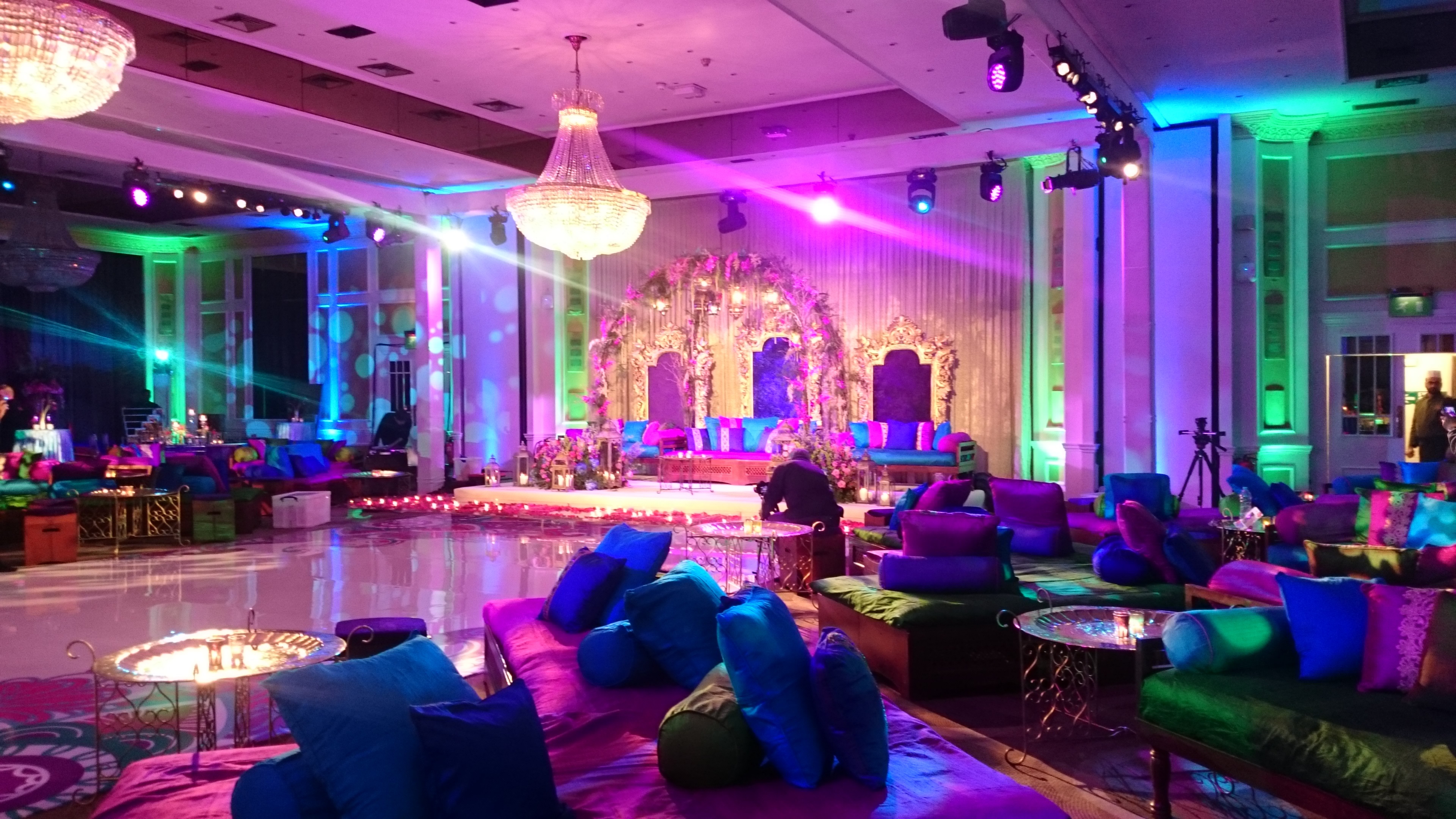 Aviation Suite at Thistle London Heathrow: elegant event space with vibrant lighting.