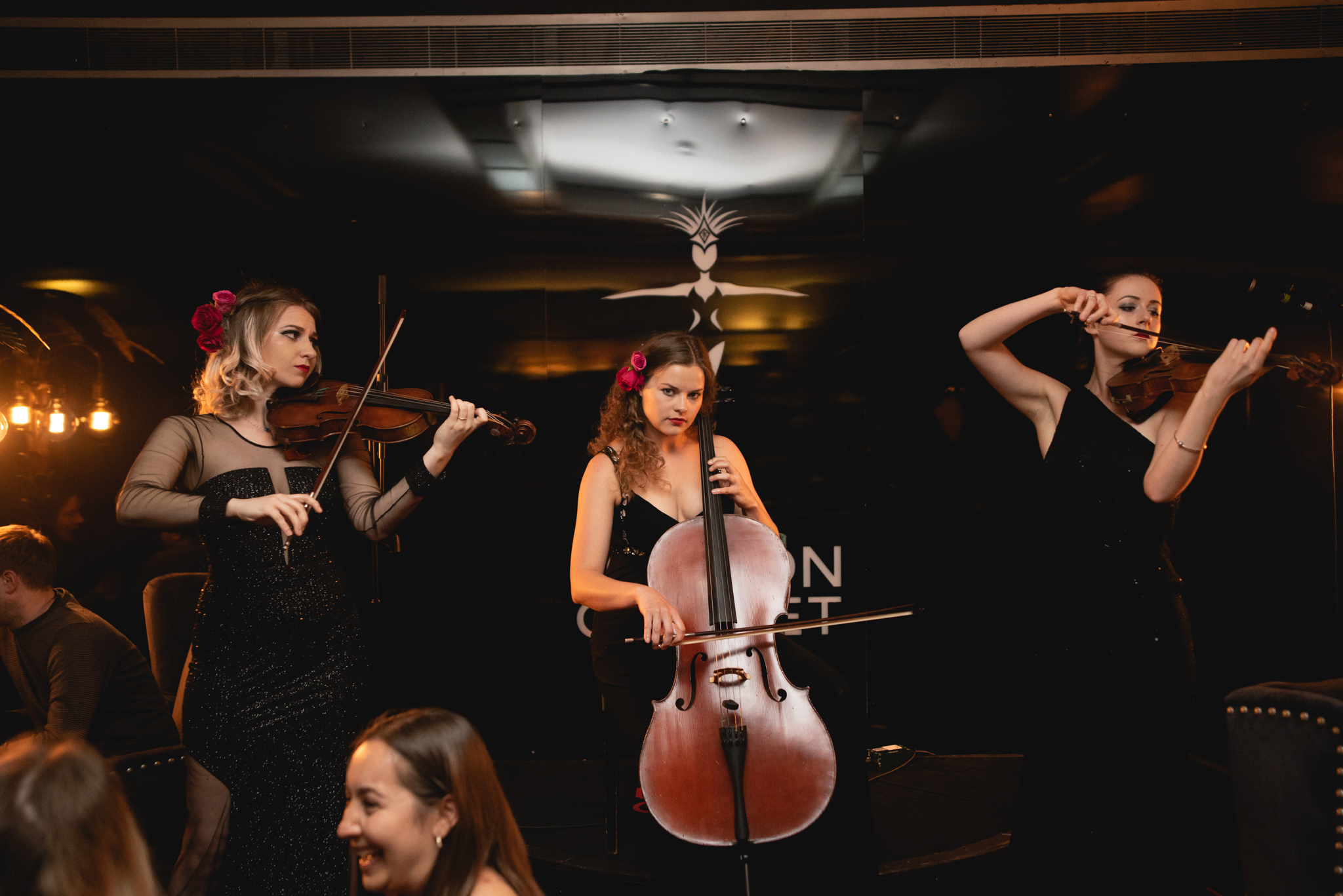 London Cabaret Club musicians performing with violins and cello in elegant event setting.