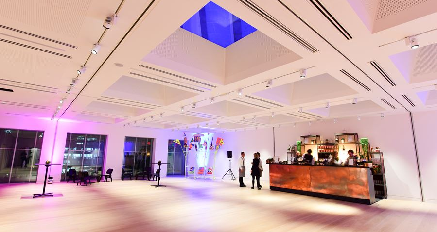"Modern event space with skylight at Helene and Johannes Huth Gallery, Design Museum."