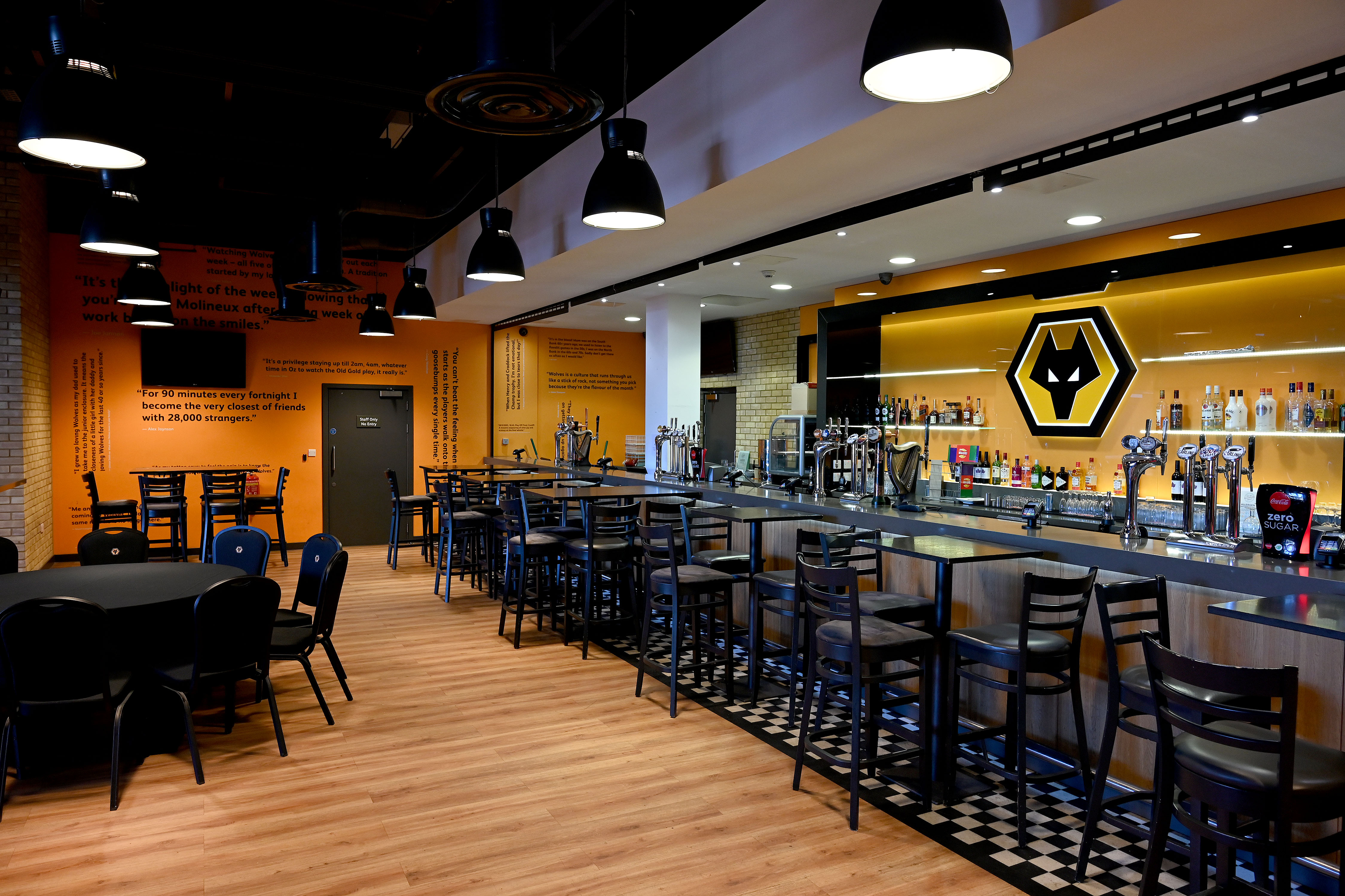 Modern WV1 North Bank Bar at Molineux Stadium, ideal for networking events and meetings.