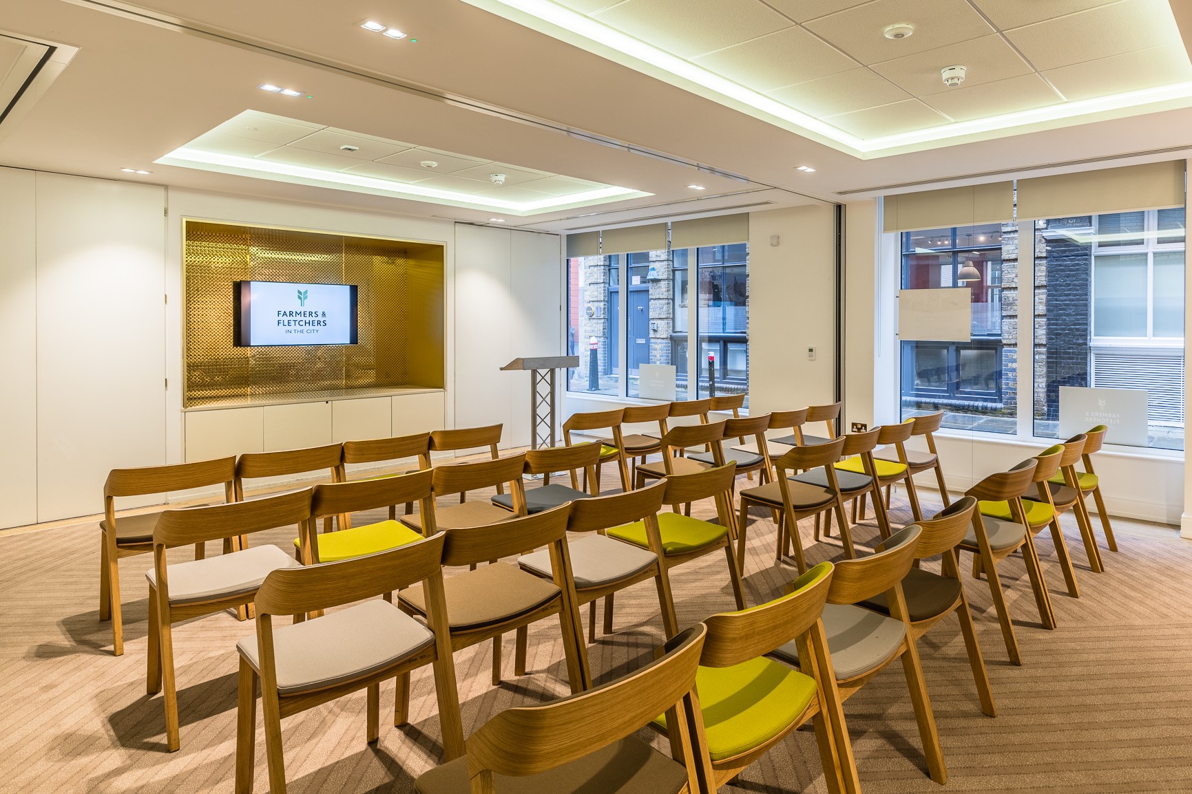 Modern theater-style meeting room with natural light for workshops and conferences.