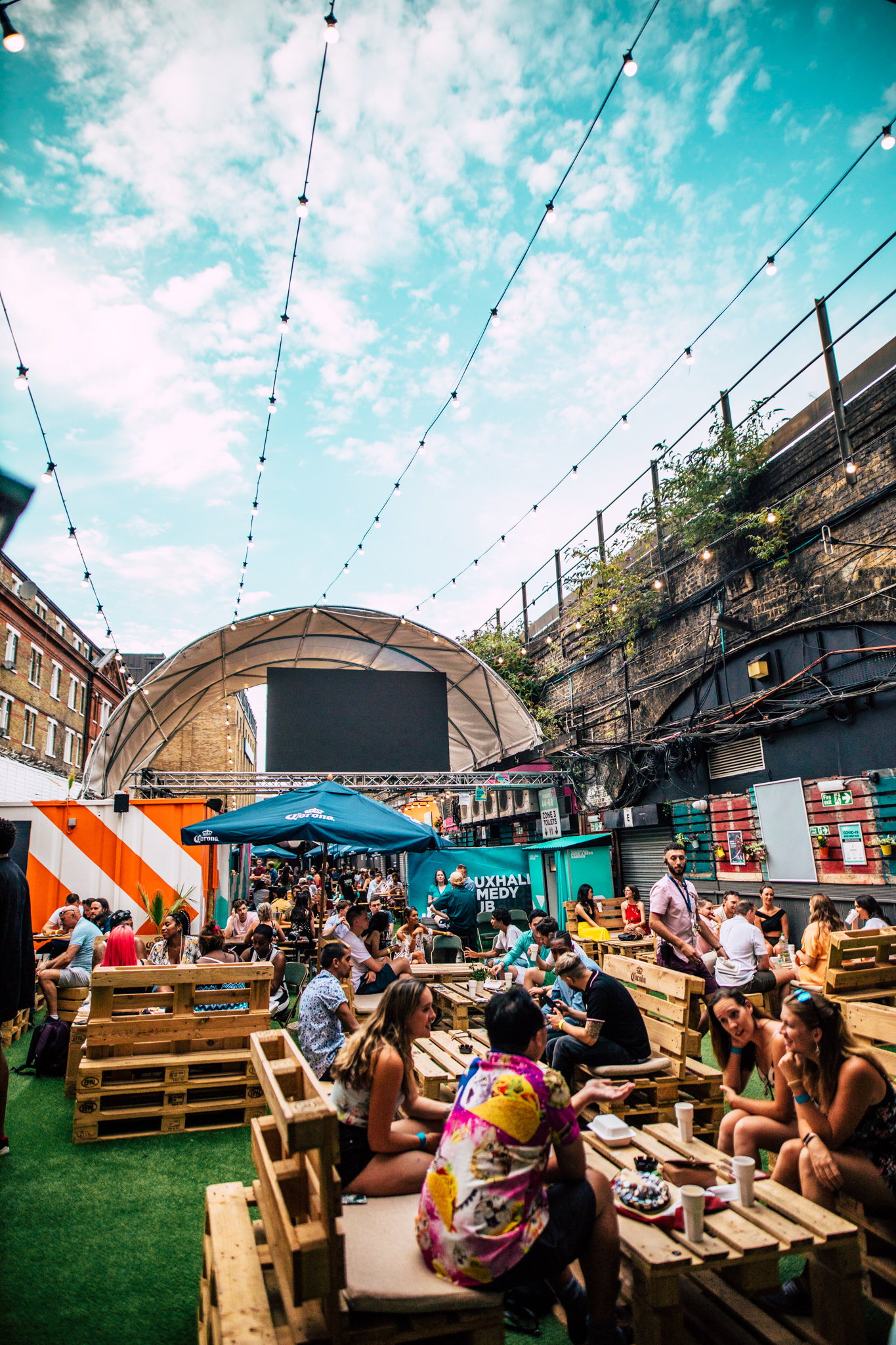 Vauxhall Street Food Garden with string lights, perfect for outdoor events and gatherings.