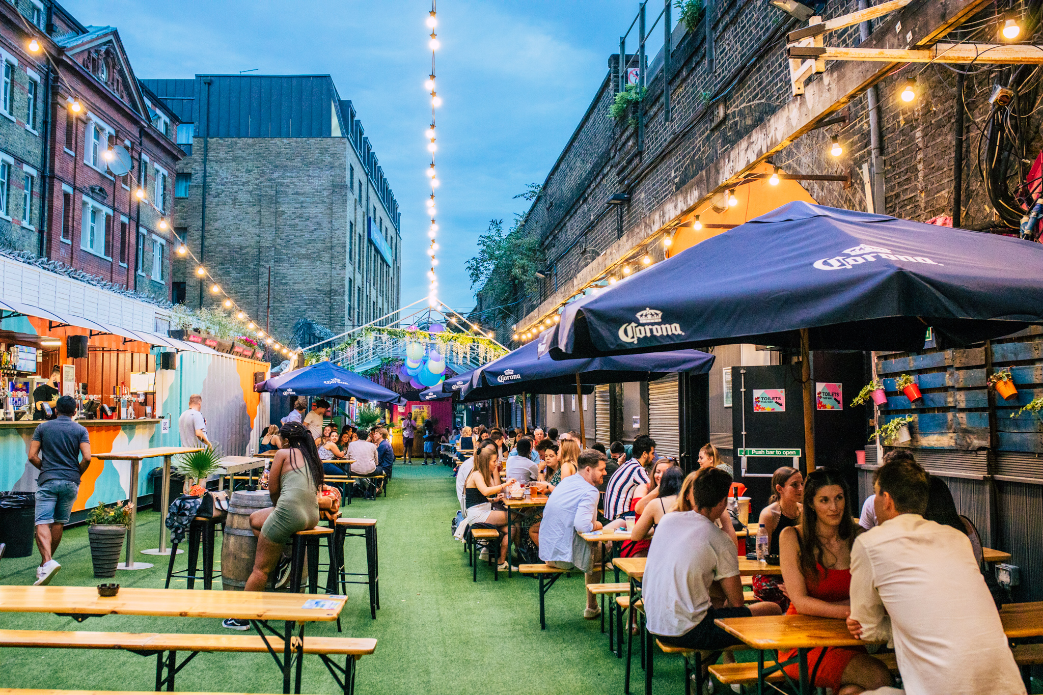 Vauxhall Street Food Garden with string lights, perfect for summer events and gatherings.