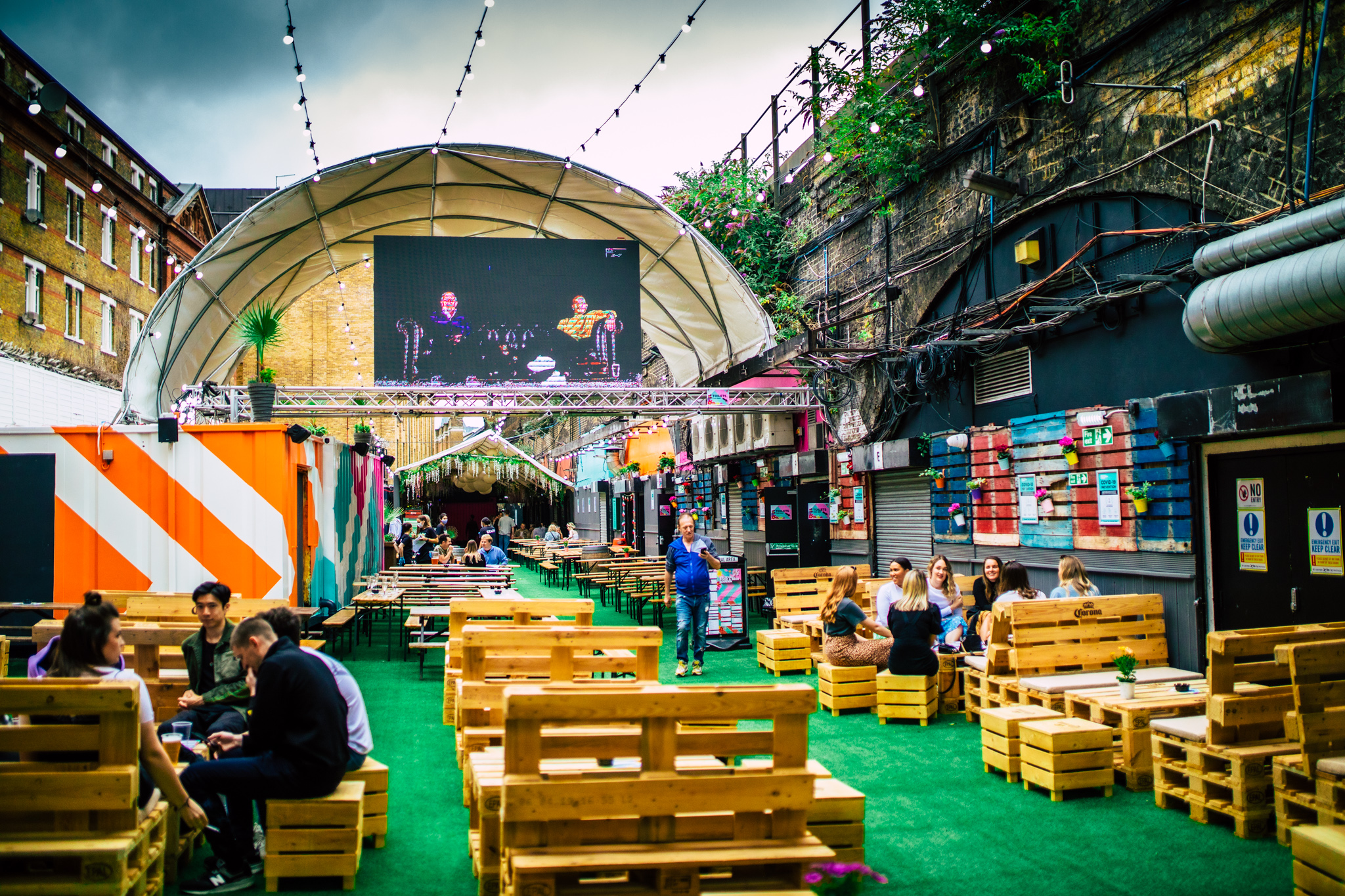 Vauxhall Street Food Garden with vibrant seating and greenery for casual events.