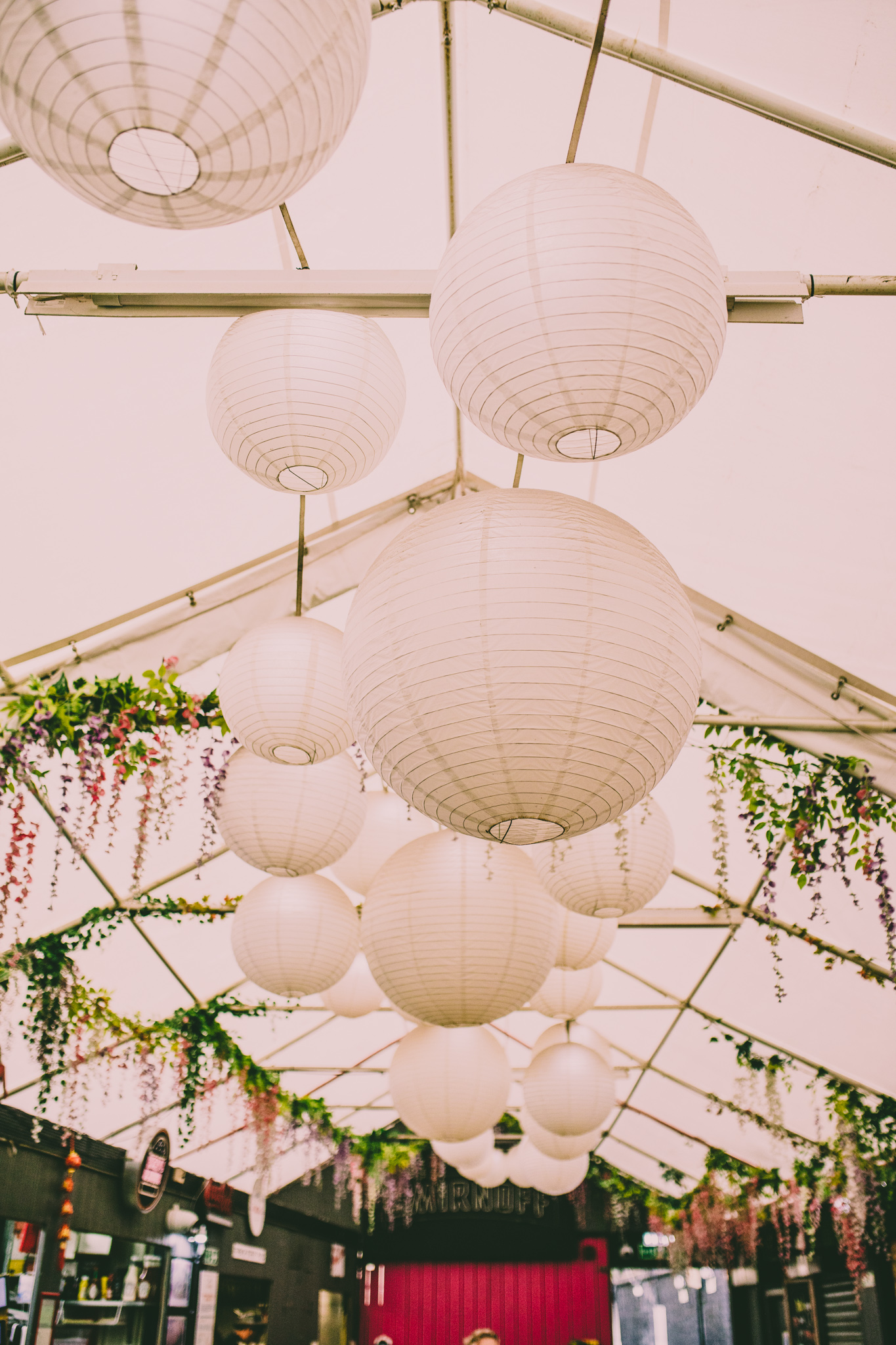 Vauxhall Street Food Garden with glowing lanterns, perfect for weddings and gatherings.