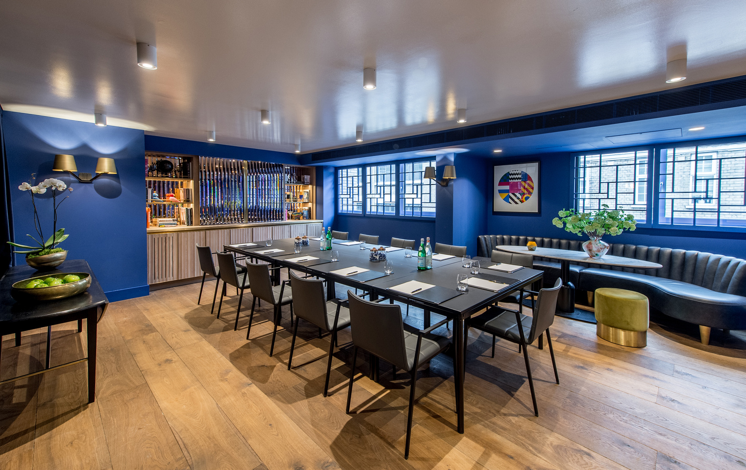 Modern meeting space in The Blue Room, ideal for executive meetings and small events.