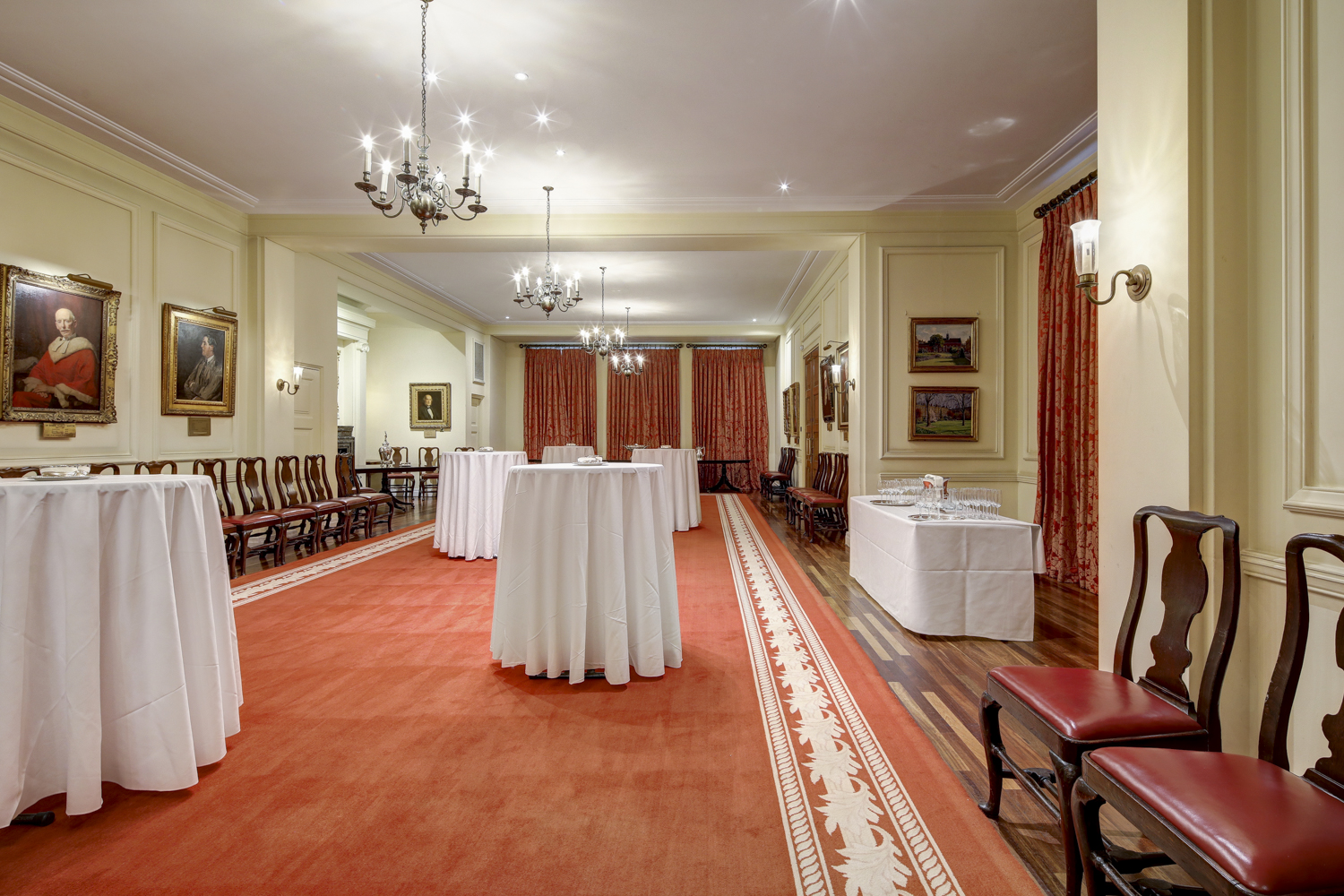 Elegant round tables in Large Pension Room, perfect for networking events and receptions.