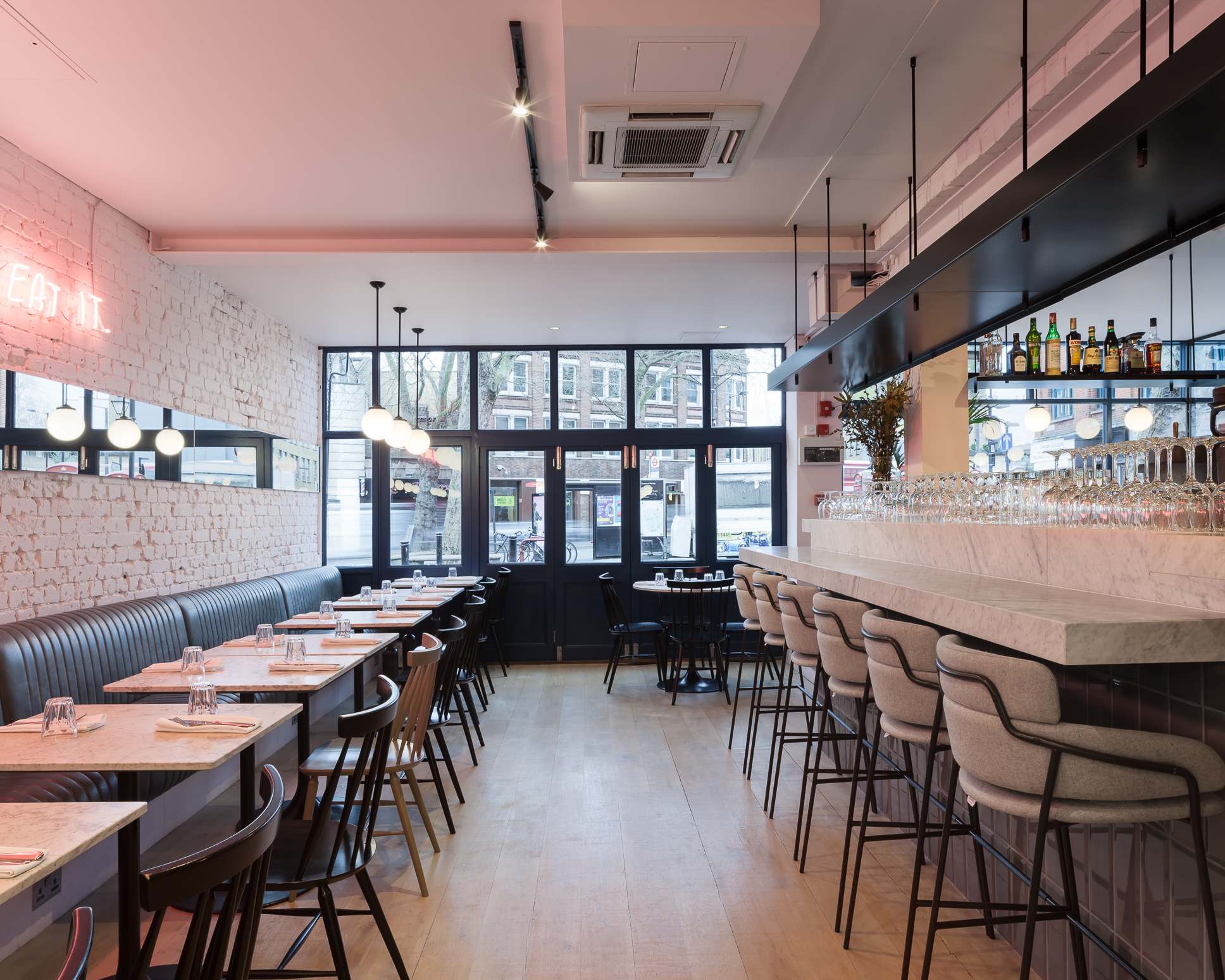 Modern restaurant venue in Exmouth Market, ideal for networking events and private dinners.