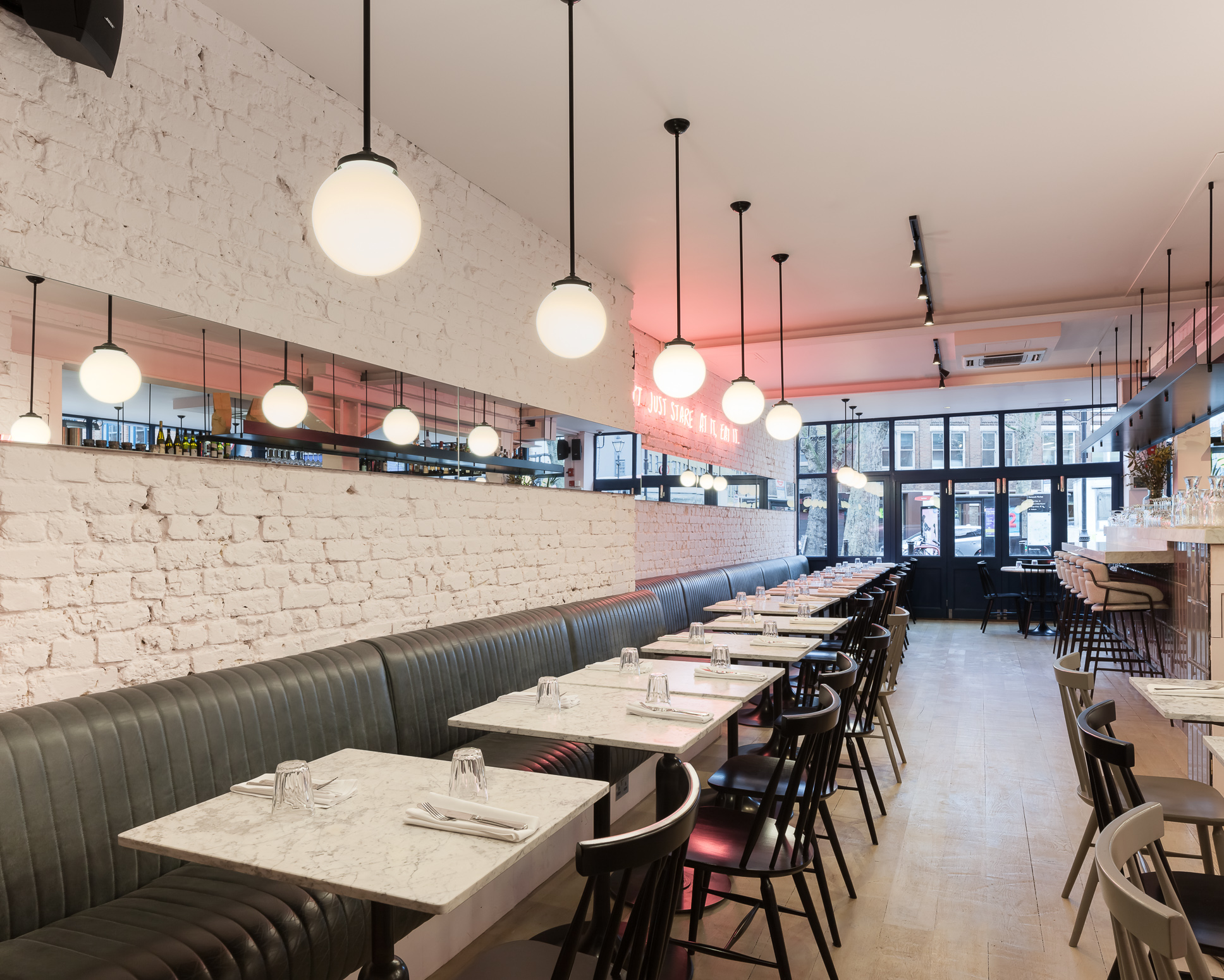 Modern restaurant venue in Exmouth Market with minimalist decor, ideal for events.