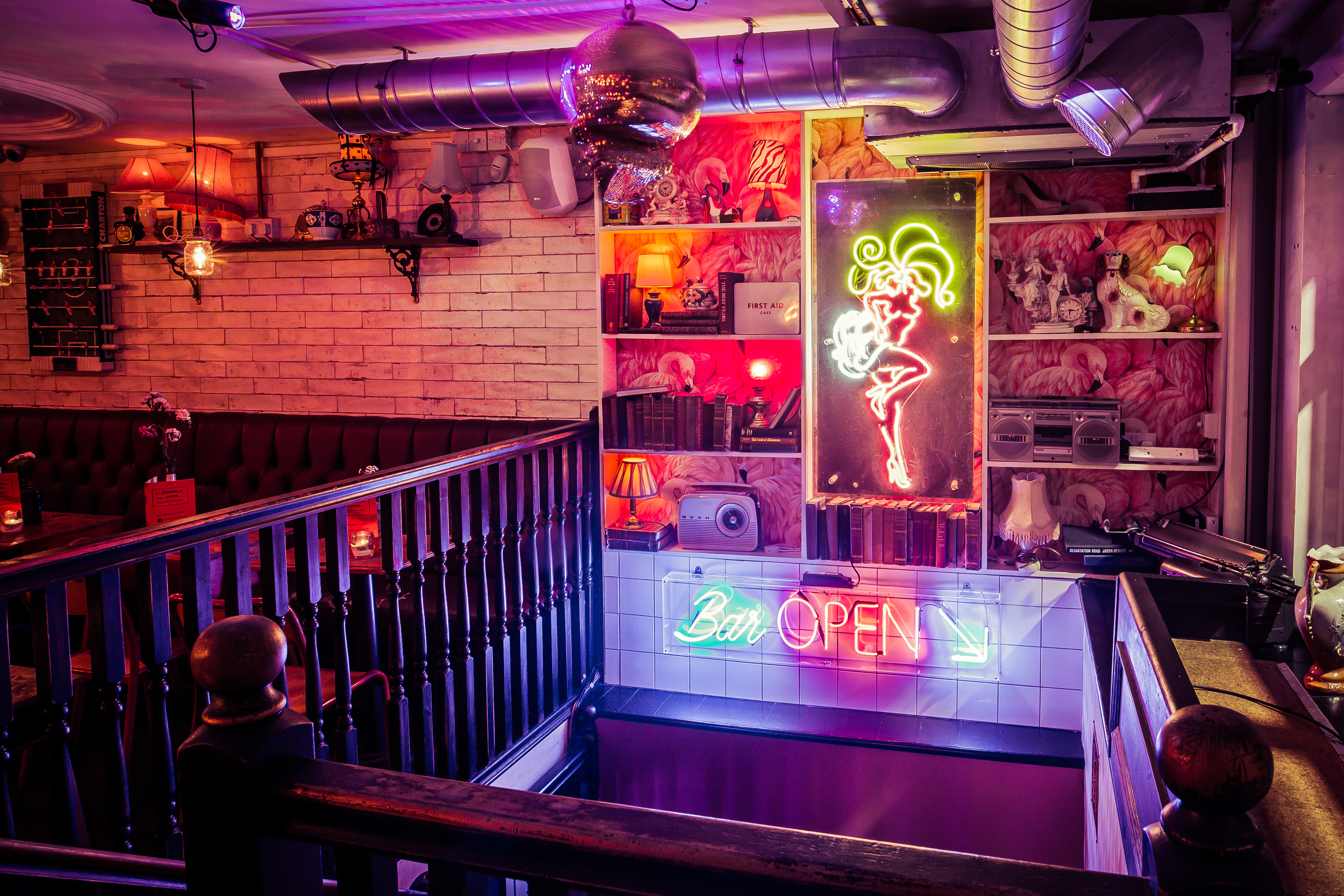 Vibrant venue hire in Liverpool Street with neon decor for events and gatherings.