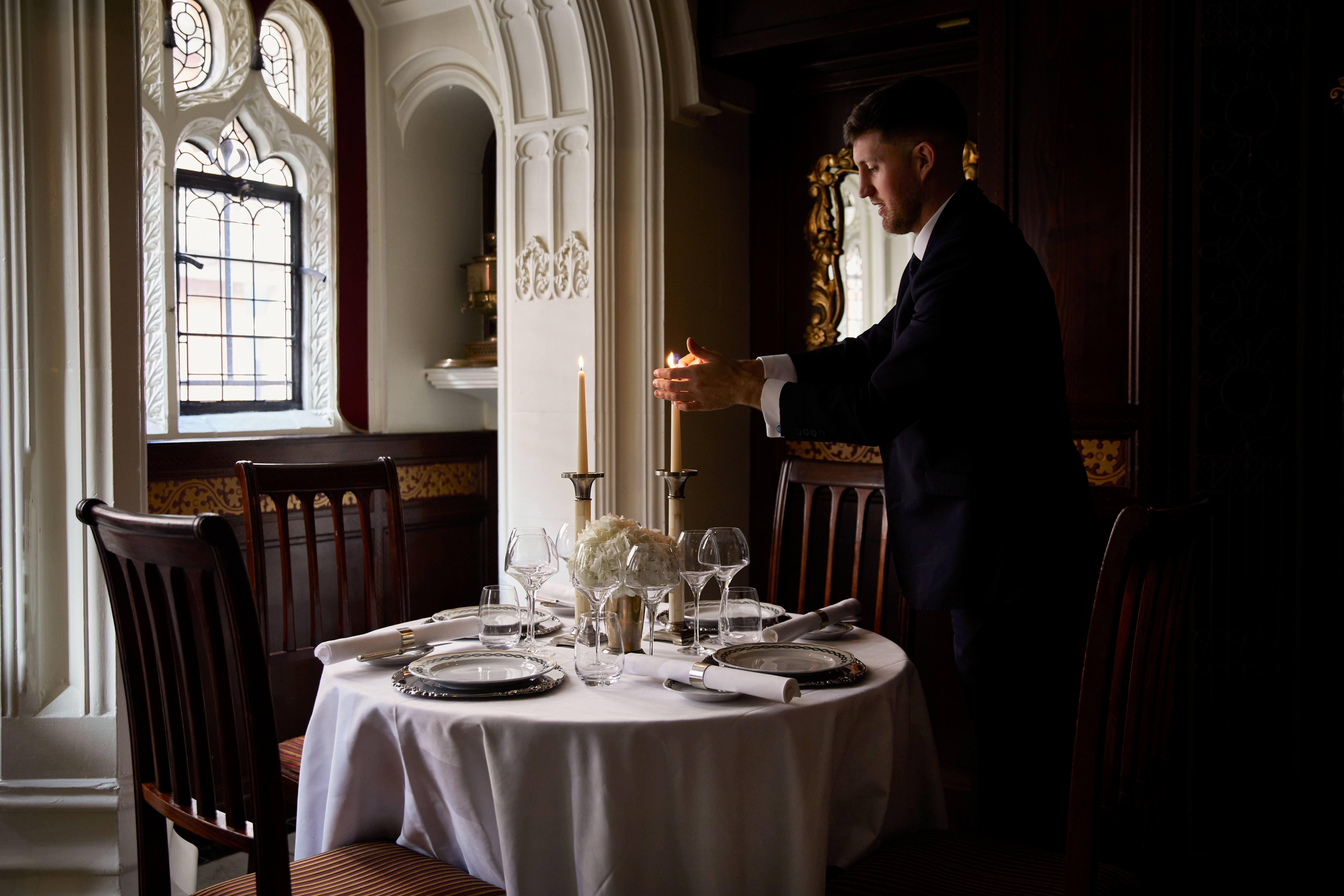 Elegant dining setup at The Oratory, Milestone Hotel for luxury events and intimate dinners.