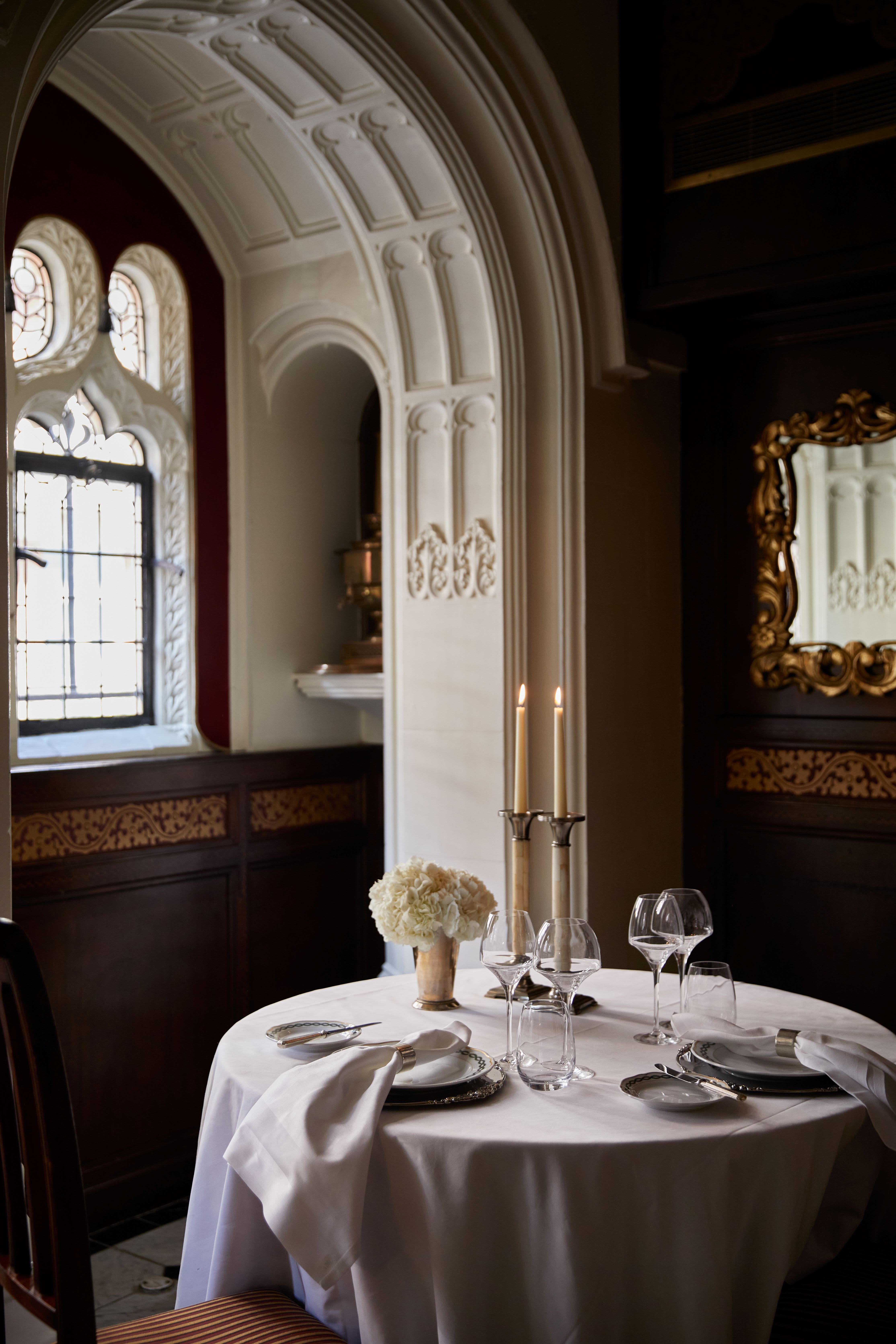 Elegant table setting in The Oratory, Milestone Hotel for upscale events and gatherings.