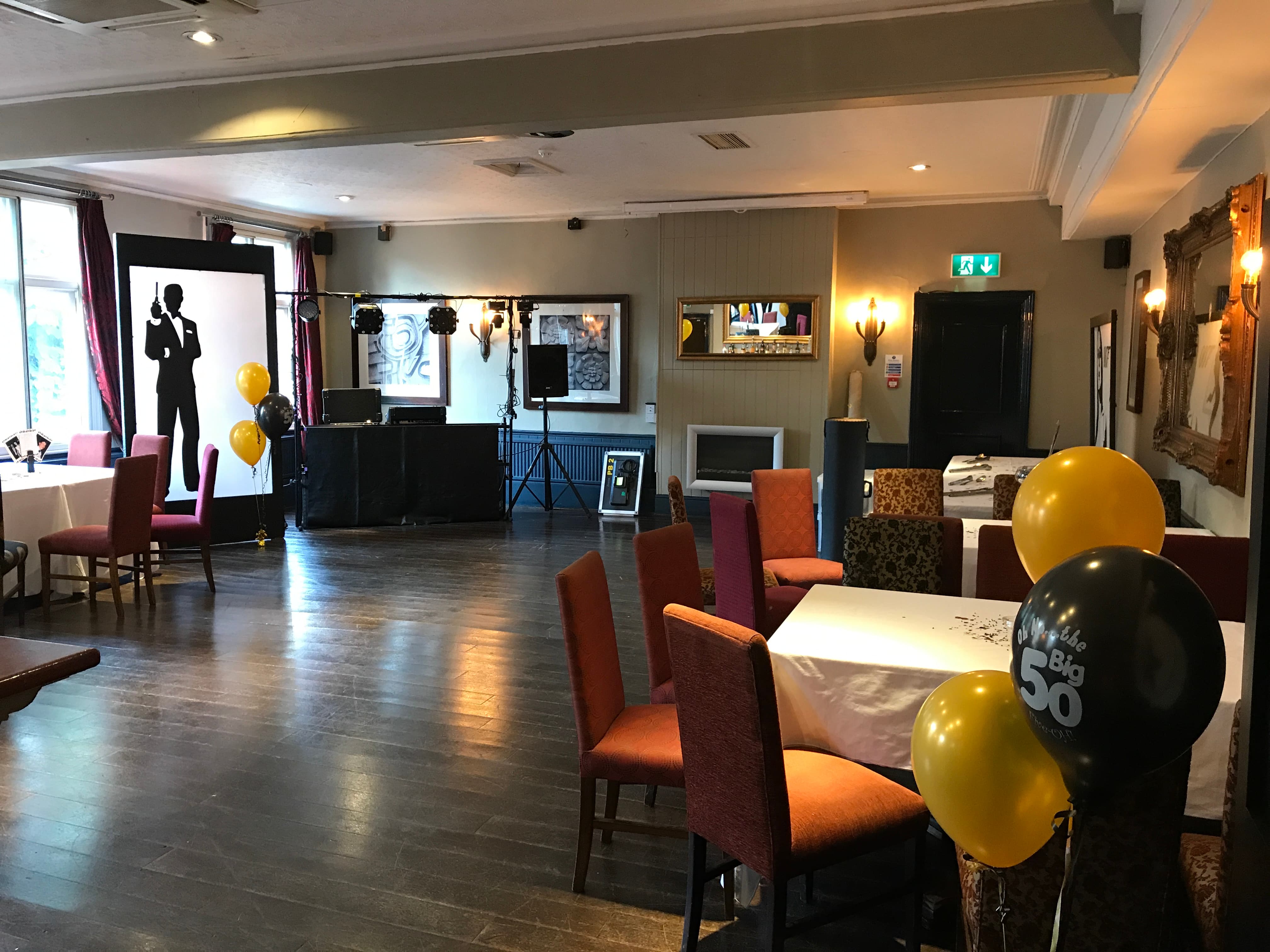 James Bond themed event at The Windsor Room, Crown Hotel for birthday party venue hire.