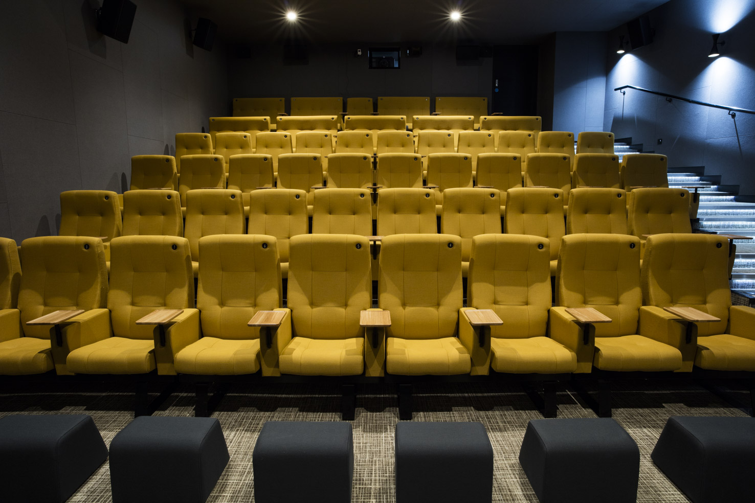 Curzon Aldgate Cinema Screen 4 with vibrant yellow seating for presentations and screenings.