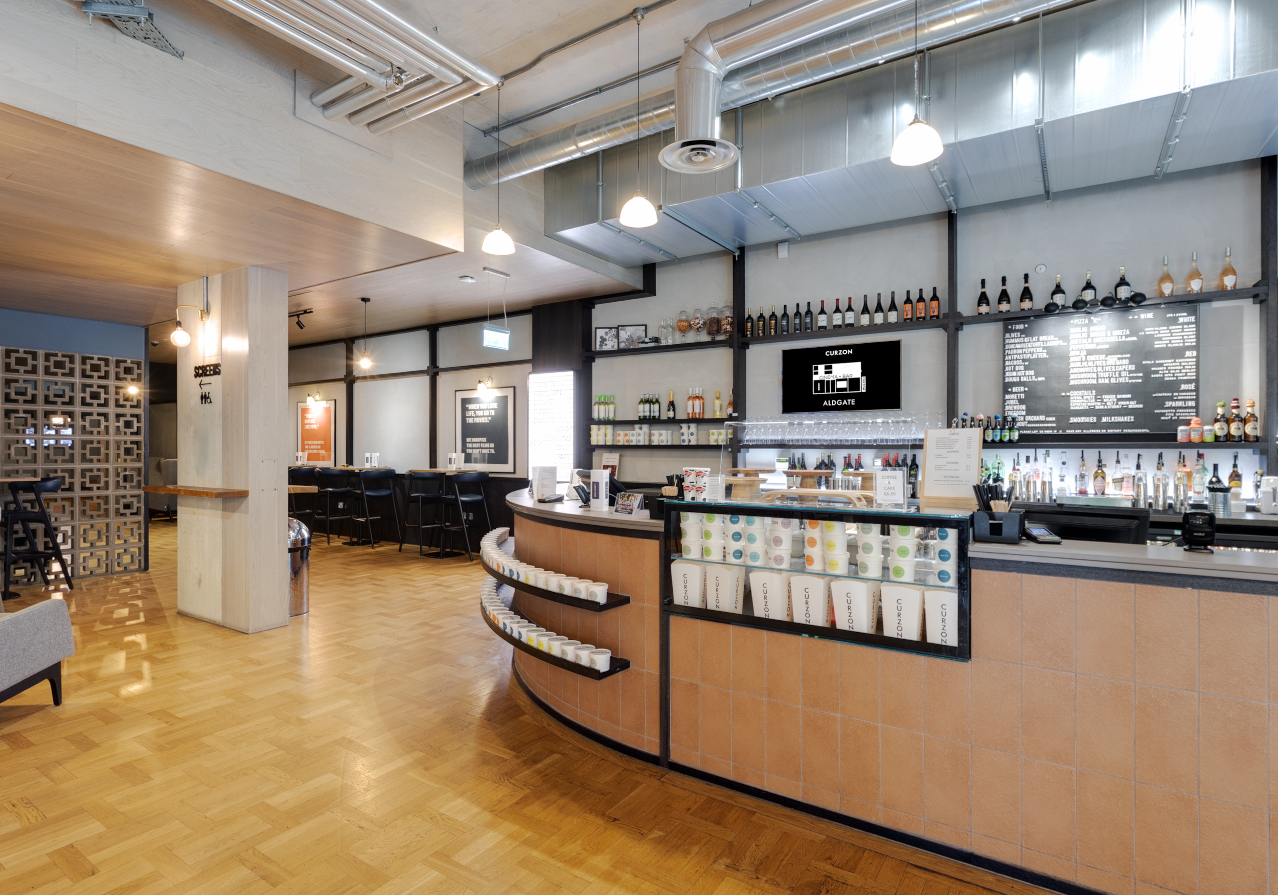 Modern bar area at Curzon Aldgate, perfect for networking events and casual meetings.
