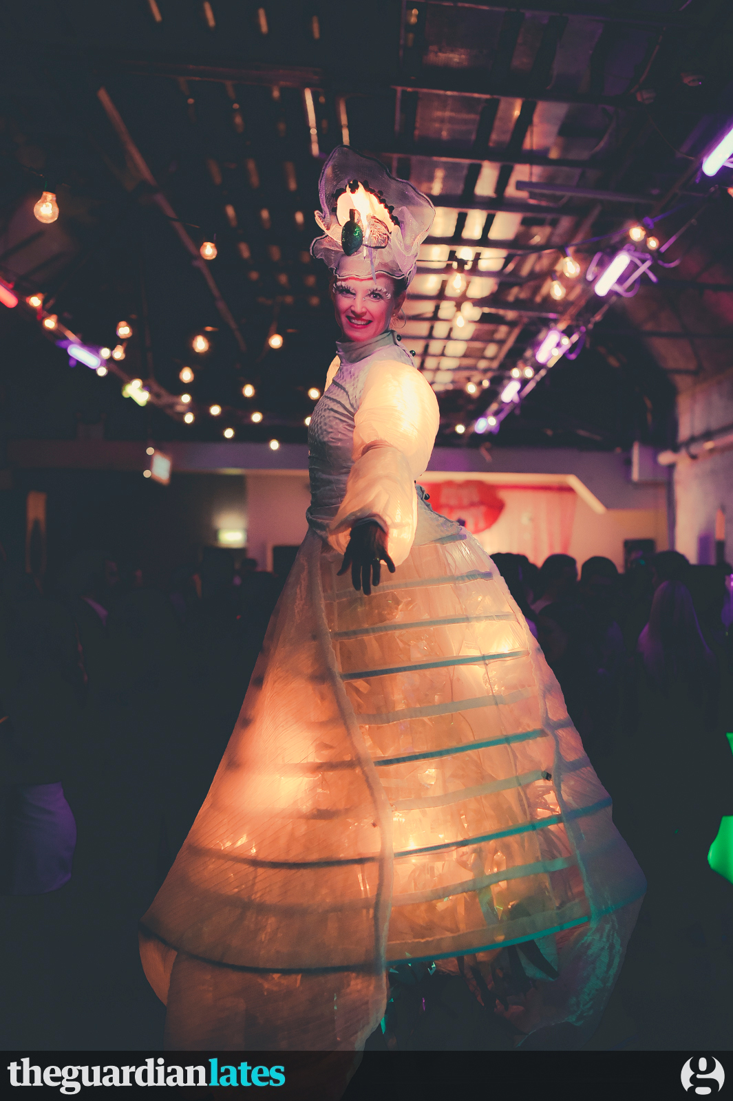 Vibrant performer in eye-catching costume at The Bricky One event in The Vaults.