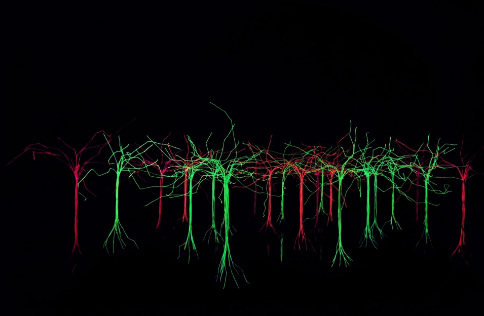 Illuminated red and green trees in The Vaults, perfect for events and immersive decor.