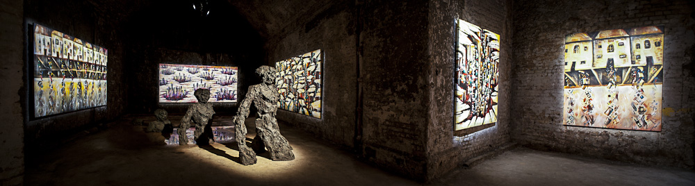 The Short Wet One venue with illuminated artwork, perfect for art exhibitions and corporate events.