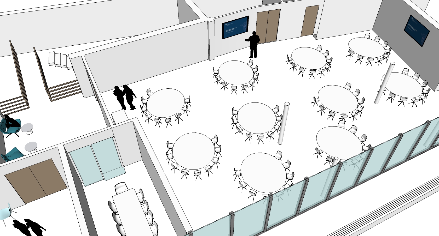 Spacious event space with round tables, ideal for corporate meetings and conferences.