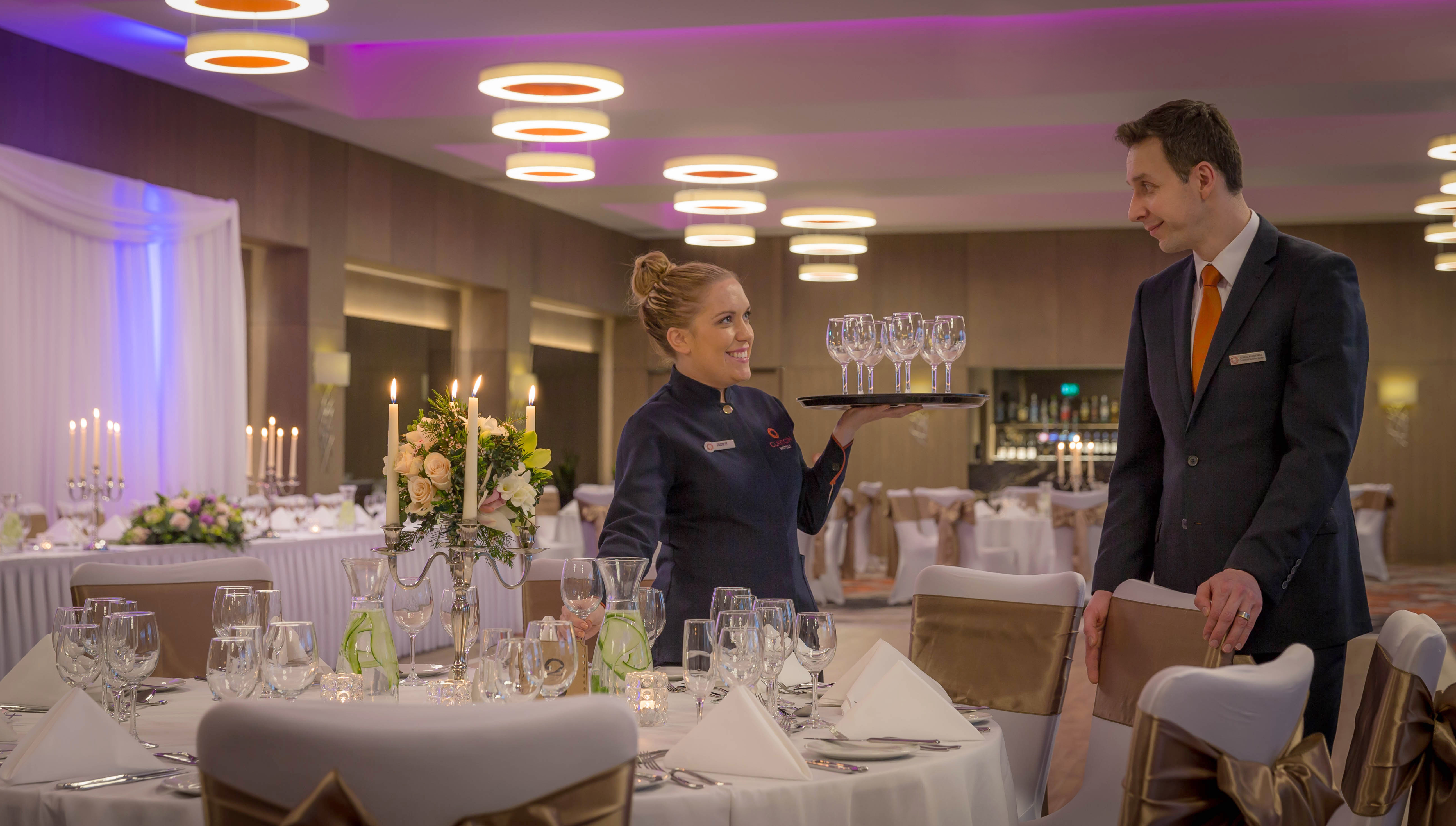 Chiswick Ballroom at Clayton Hotel, elegant decor for upscale corporate events.