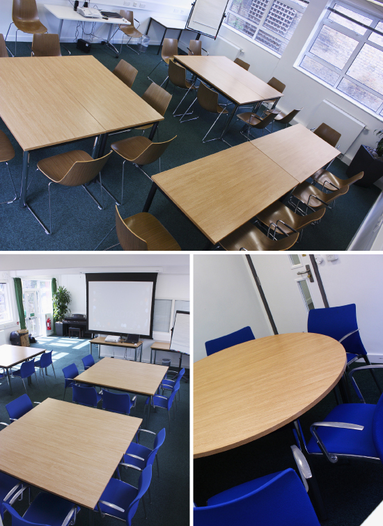 Versatile meeting room with flexible seating for workshops and team meetings.