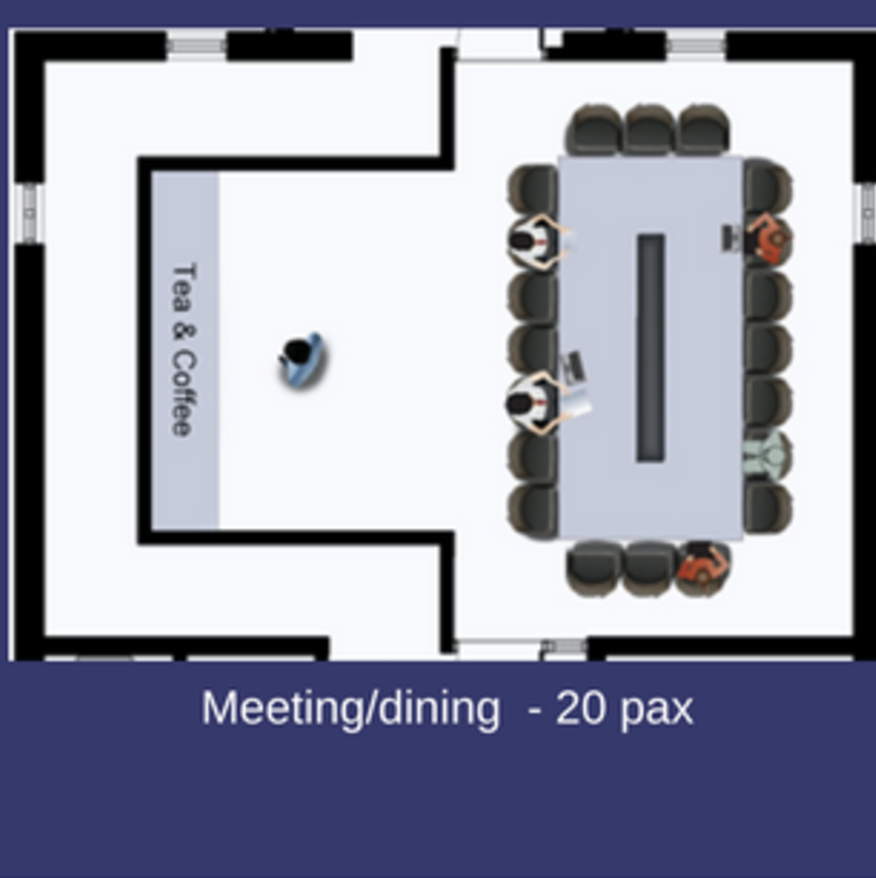 Brunswick Suite floor plan for meetings, featuring a central table and coffee area.