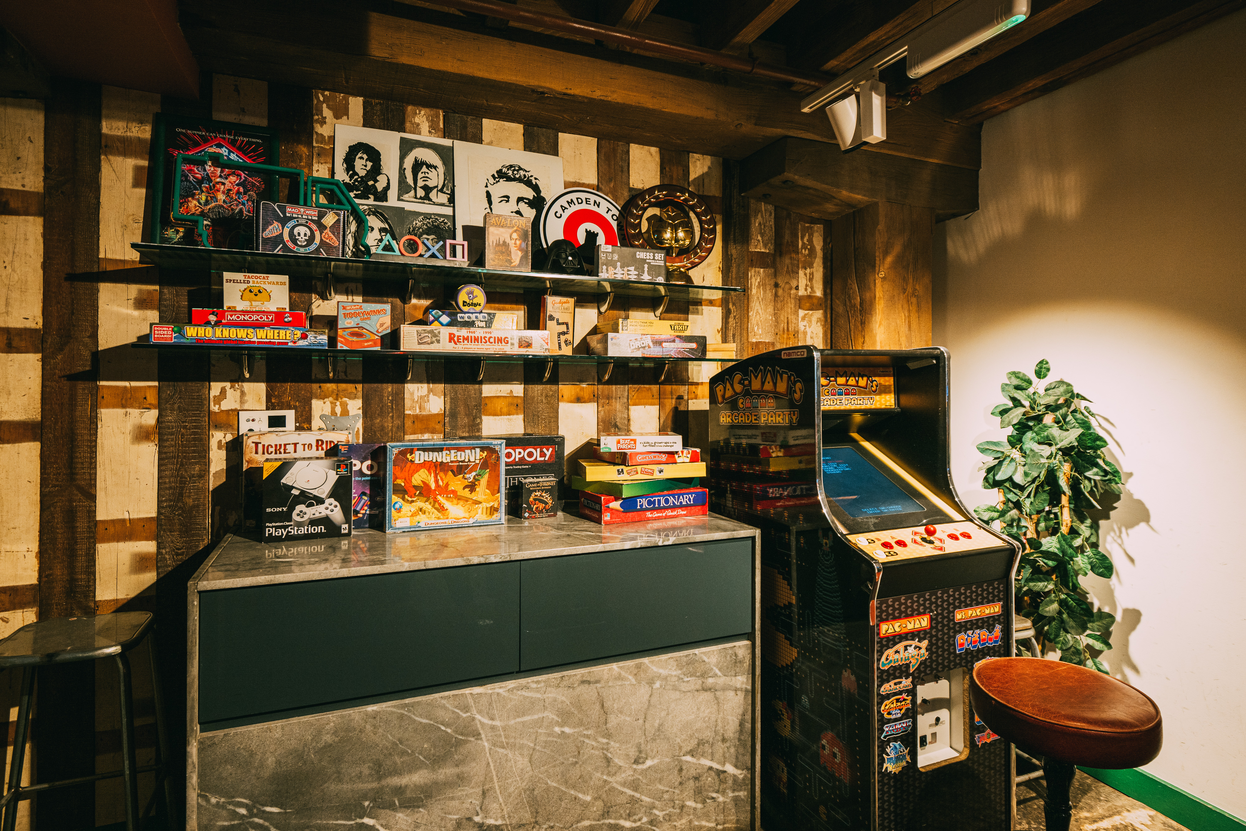 Vibrant game corner at The Pizza Playground for engaging events and networking.