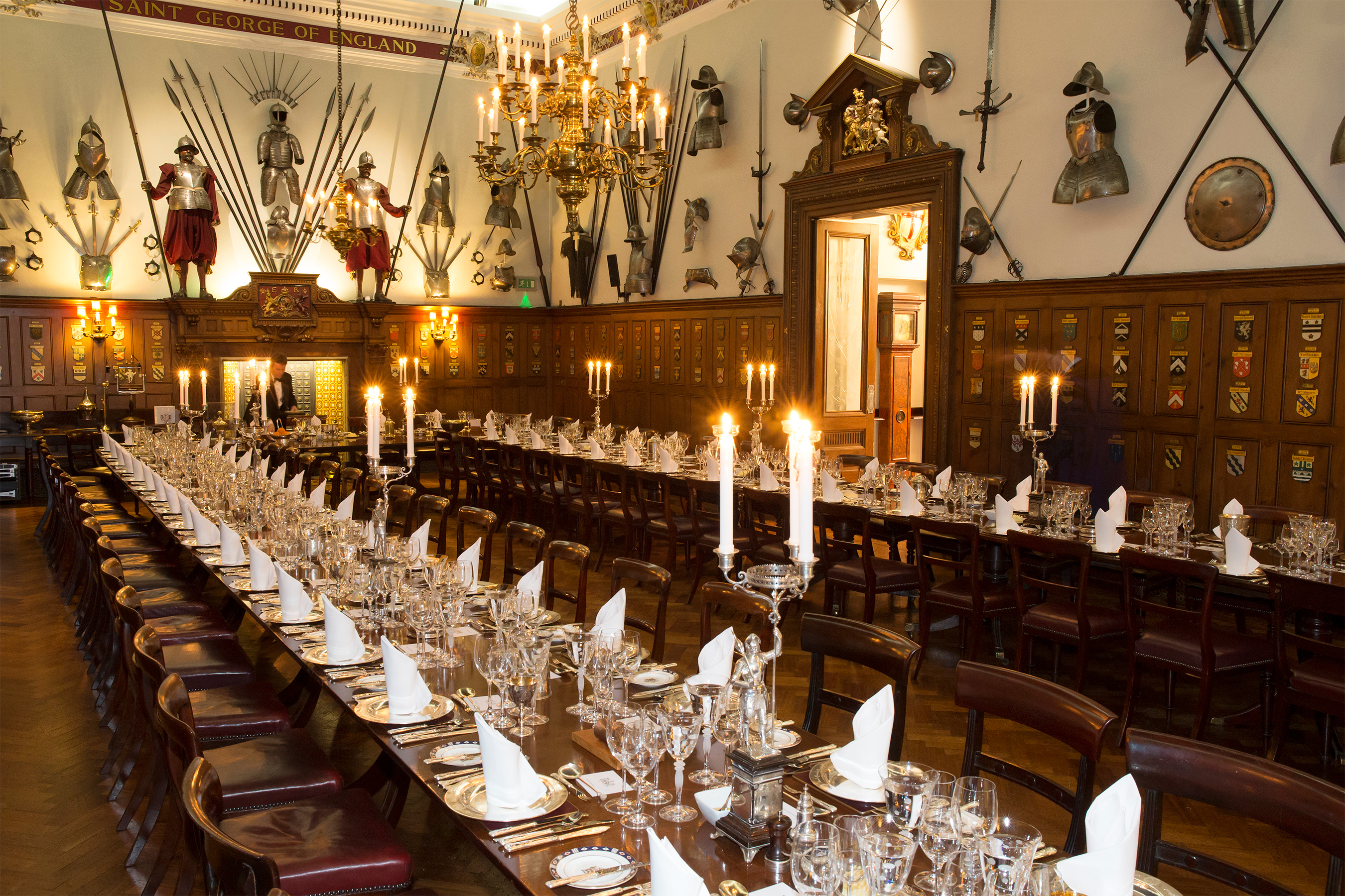 Elegant banquet hall in Armourers' Hall, perfect for formal dinners and corporate events.
