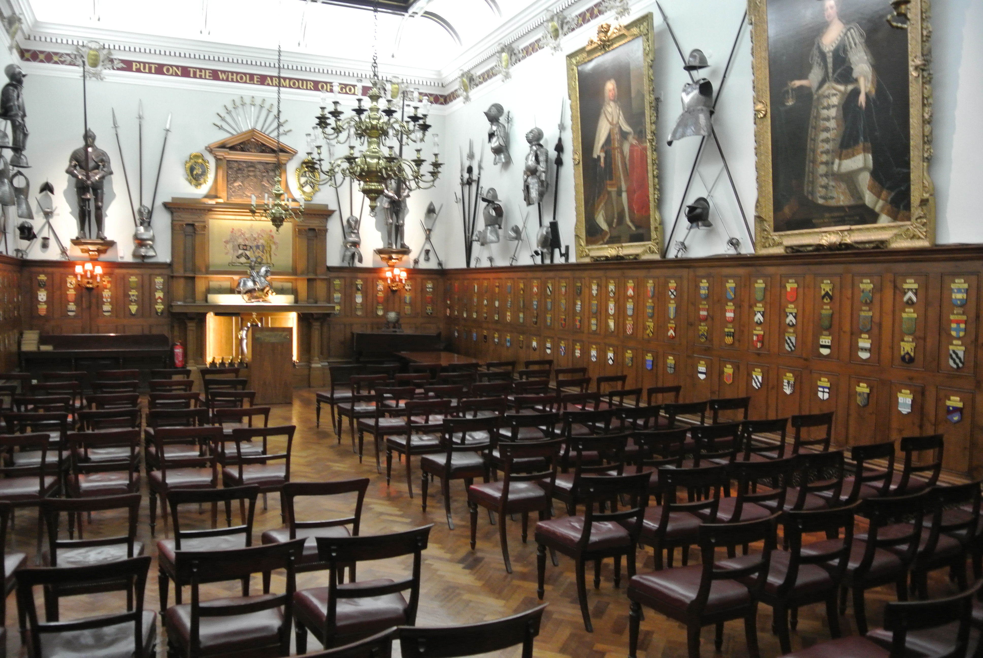 Livery Hall at Armourers' Hall: elegant wooden paneling, ideal for formal events.