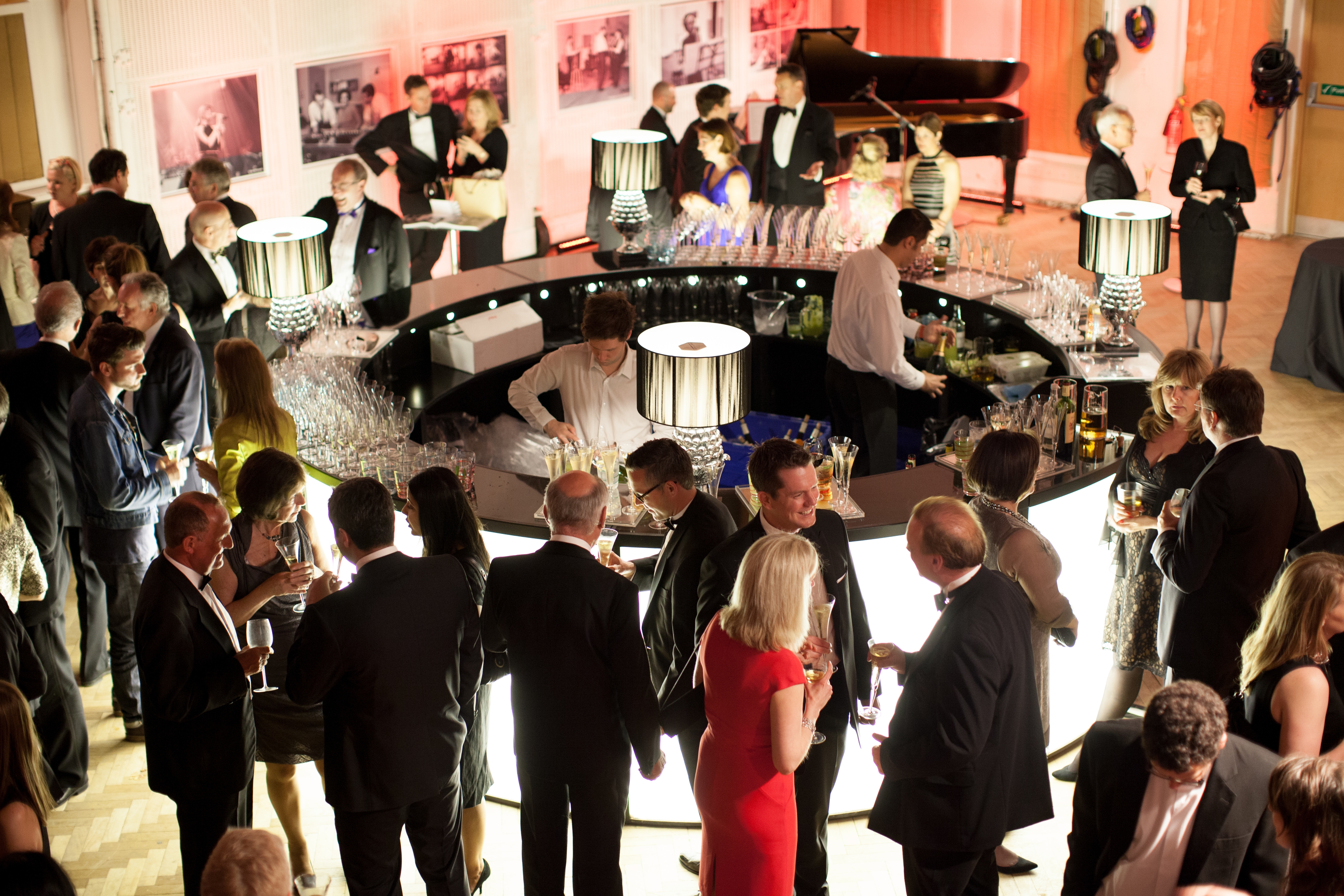 Elegant event in Abbey Road Studios' Studio Two with stylish bar and live music.