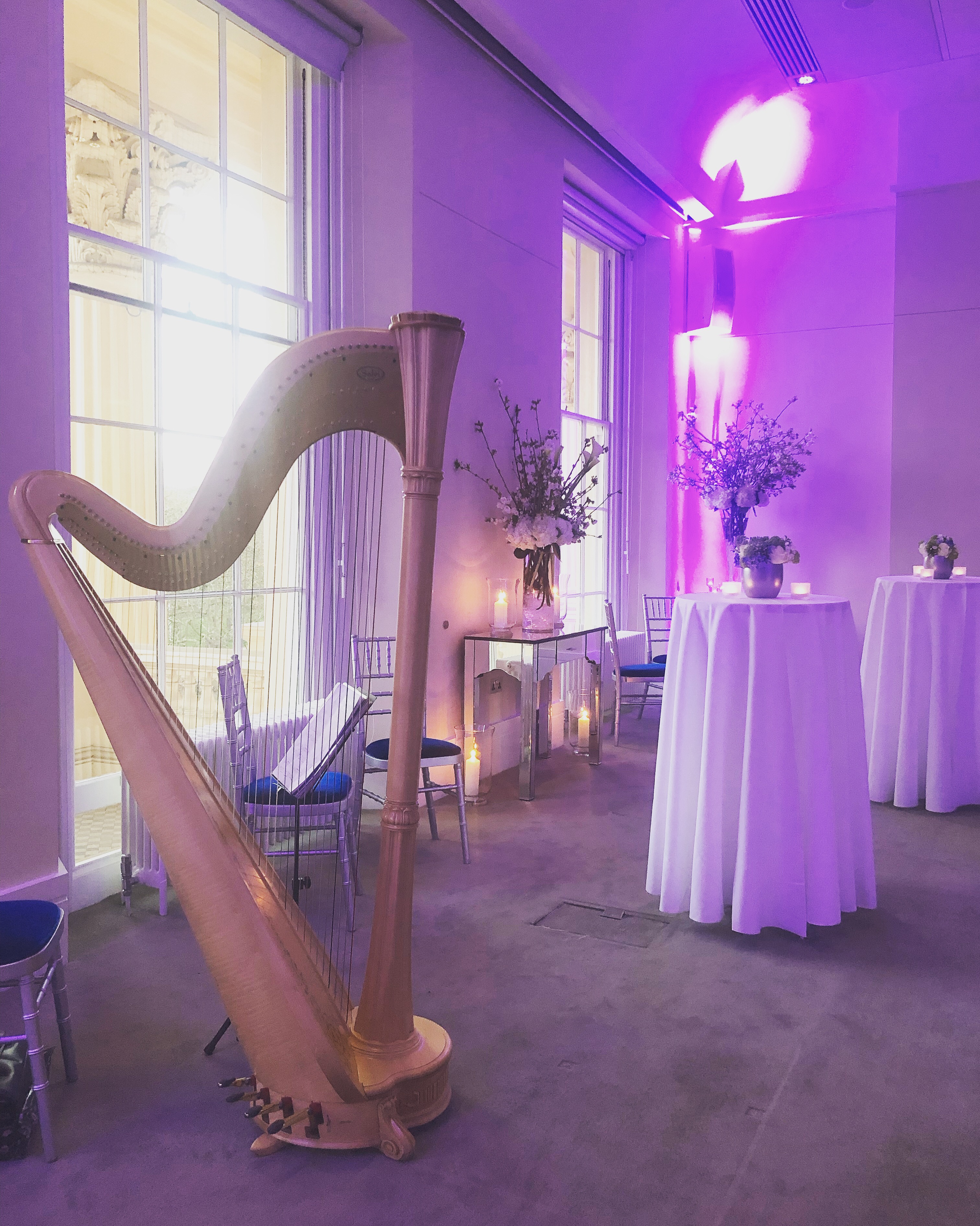 Elegant Christmas party at Prince Philip House with a beautiful harp centerpiece.