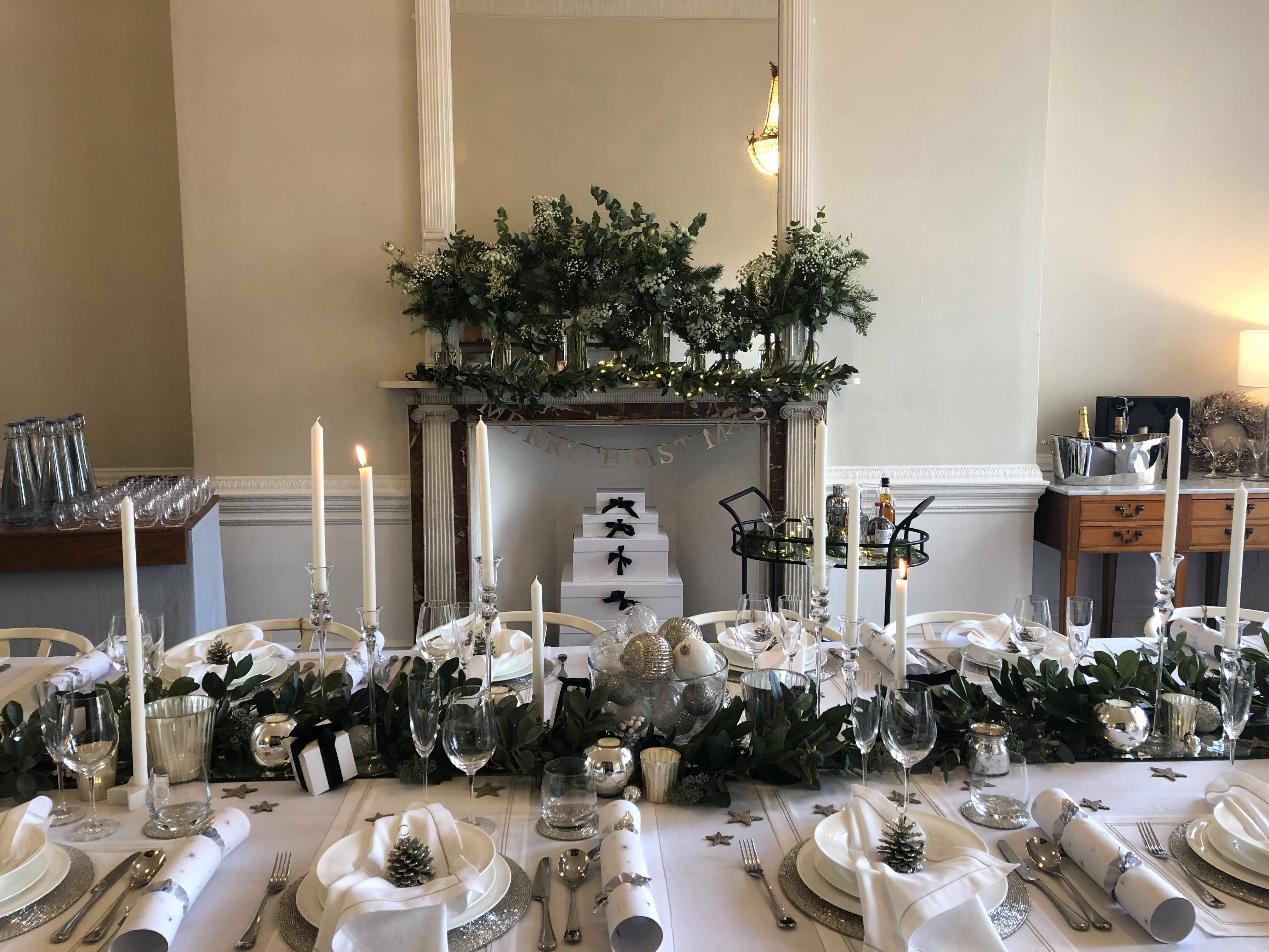 Elegant dining table with greenery for Christmas event at 41 Portland Place.