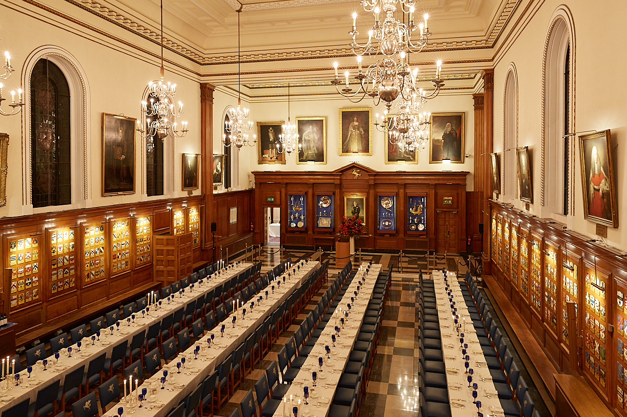 Inner Temple Hall banquet with elegant chandeliers, perfect for corporate events and gala dinners.
