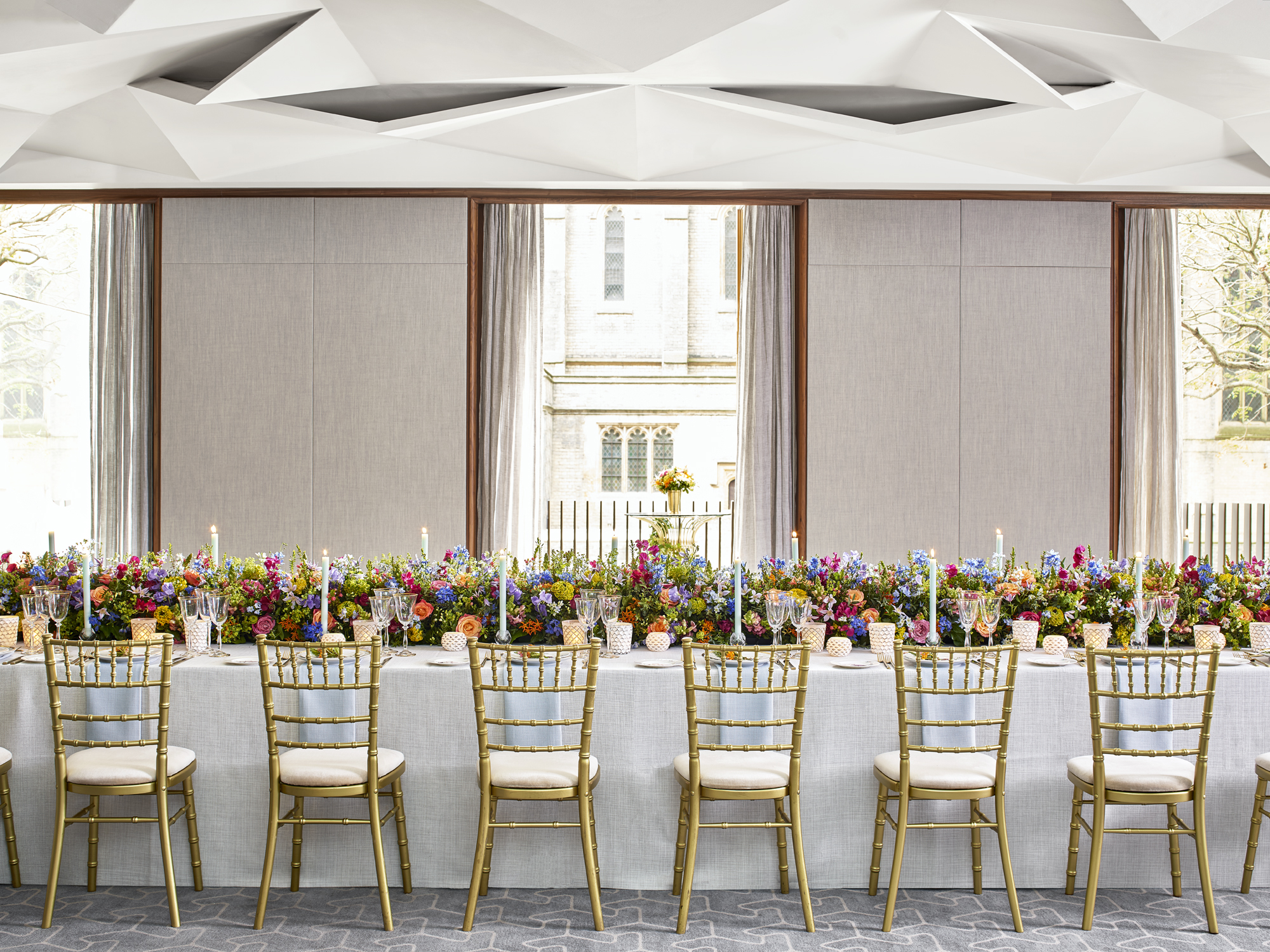 Elegant banquet table with floral centerpiece in Belgravia, perfect for weddings and events.